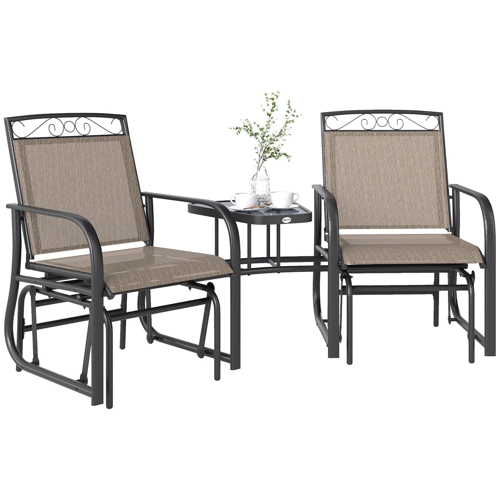 Outdoor Glider Bench Brown, Patio 2-Seat Rocking Chair with Table, Breathable Fabric-DECOROLALA