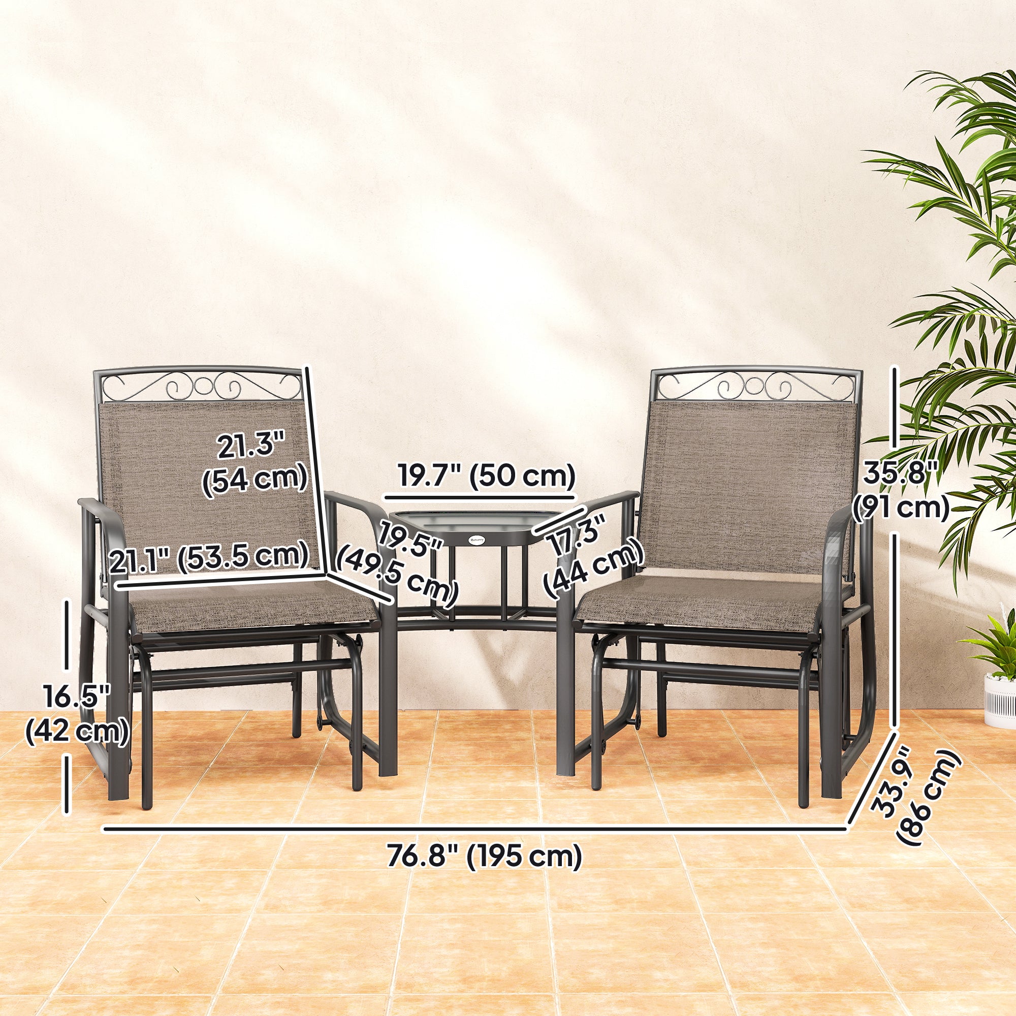 Outdoor Glider Bench Brown, Patio 2-Seat Rocking Chair with Table, Breathable Fabric-DECOROLALA
