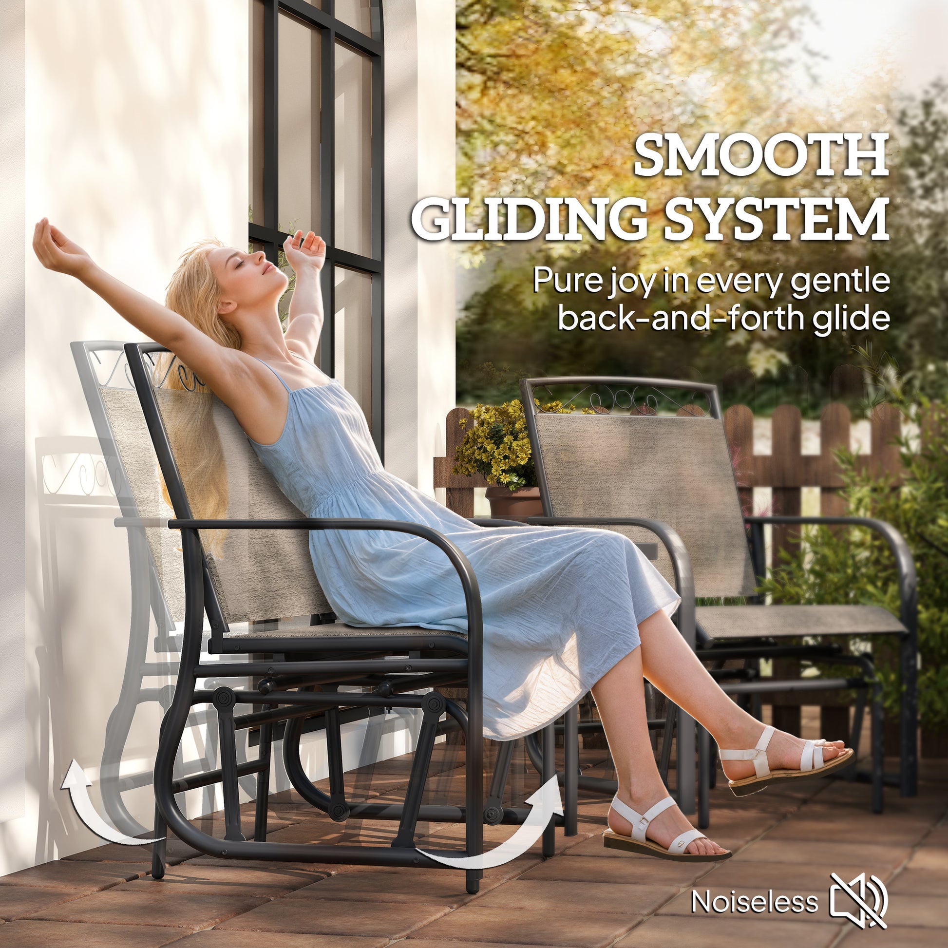 Outdoor Glider Bench Brown, Patio 2-Seat Rocking Chair with Table, Breathable Fabric-DECOROLALA