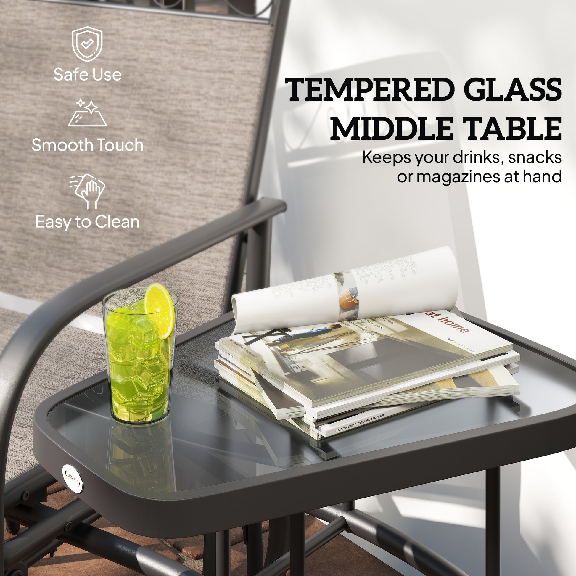 Outdoor Glider Bench Brown, Patio 2-Seat Rocking Chair with Table, Breathable Fabric-DECOROLALA