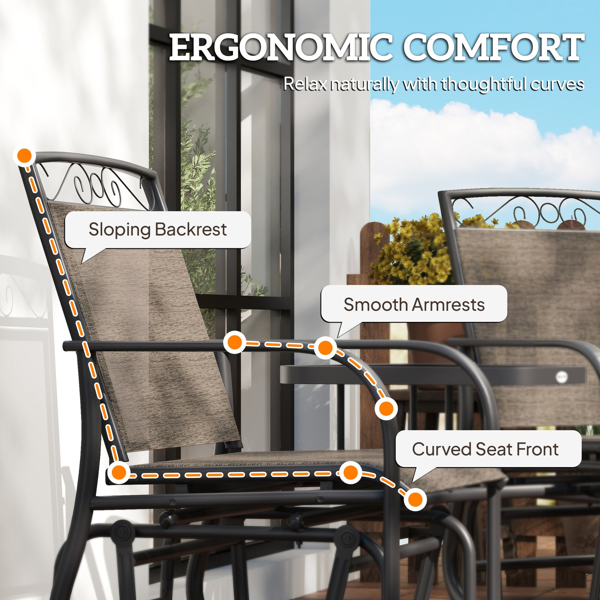 Outdoor Glider Bench Brown, Patio 2-Seat Rocking Chair with Table, Breathable Fabric-DECOROLALA