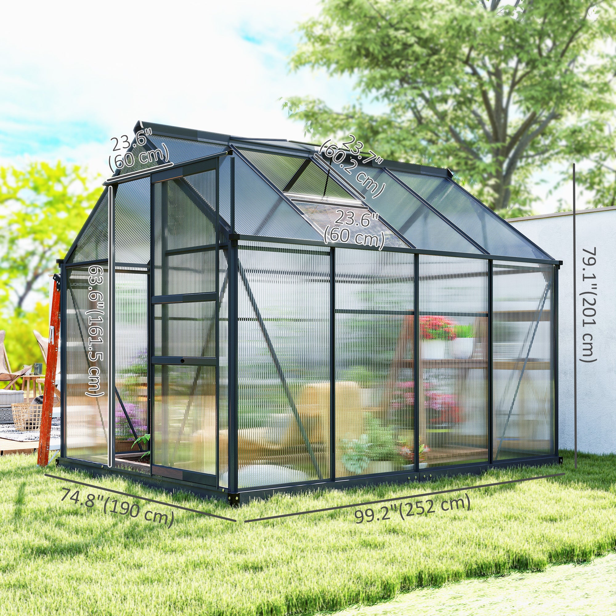 Outdoor Greenhouse Kit - 6.2' x 8.3' Grey Aluminum PC Board-DECOROLALA