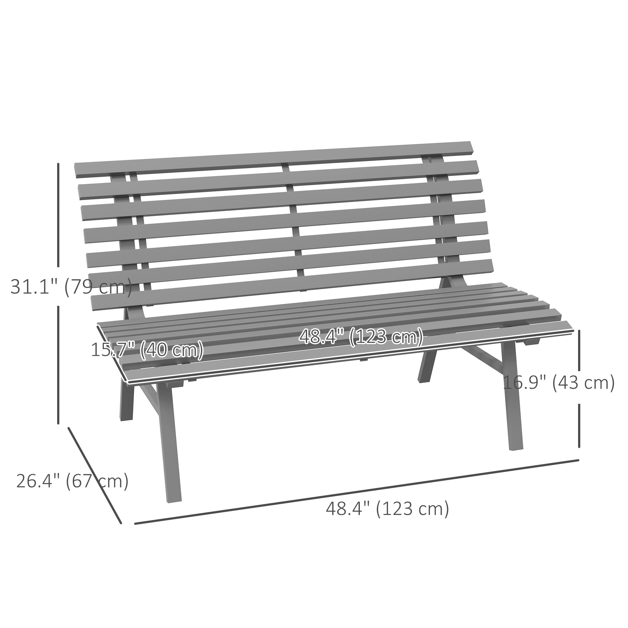 Outdoor Grey Aluminum Patio Bench, Lightweight Slatted Seat, 48.5" x 26.5" x 31"-DECOROLALA