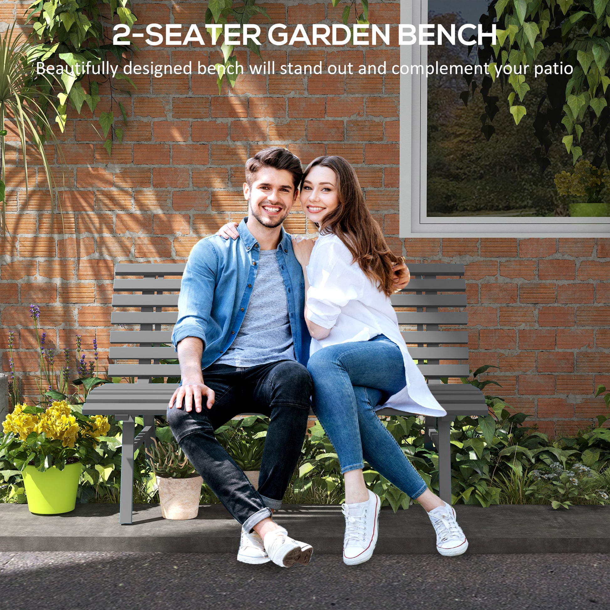 Outdoor Grey Aluminum Patio Bench, Lightweight Slatted Seat, 48.5" x 26.5" x 31"-DECOROLALA
