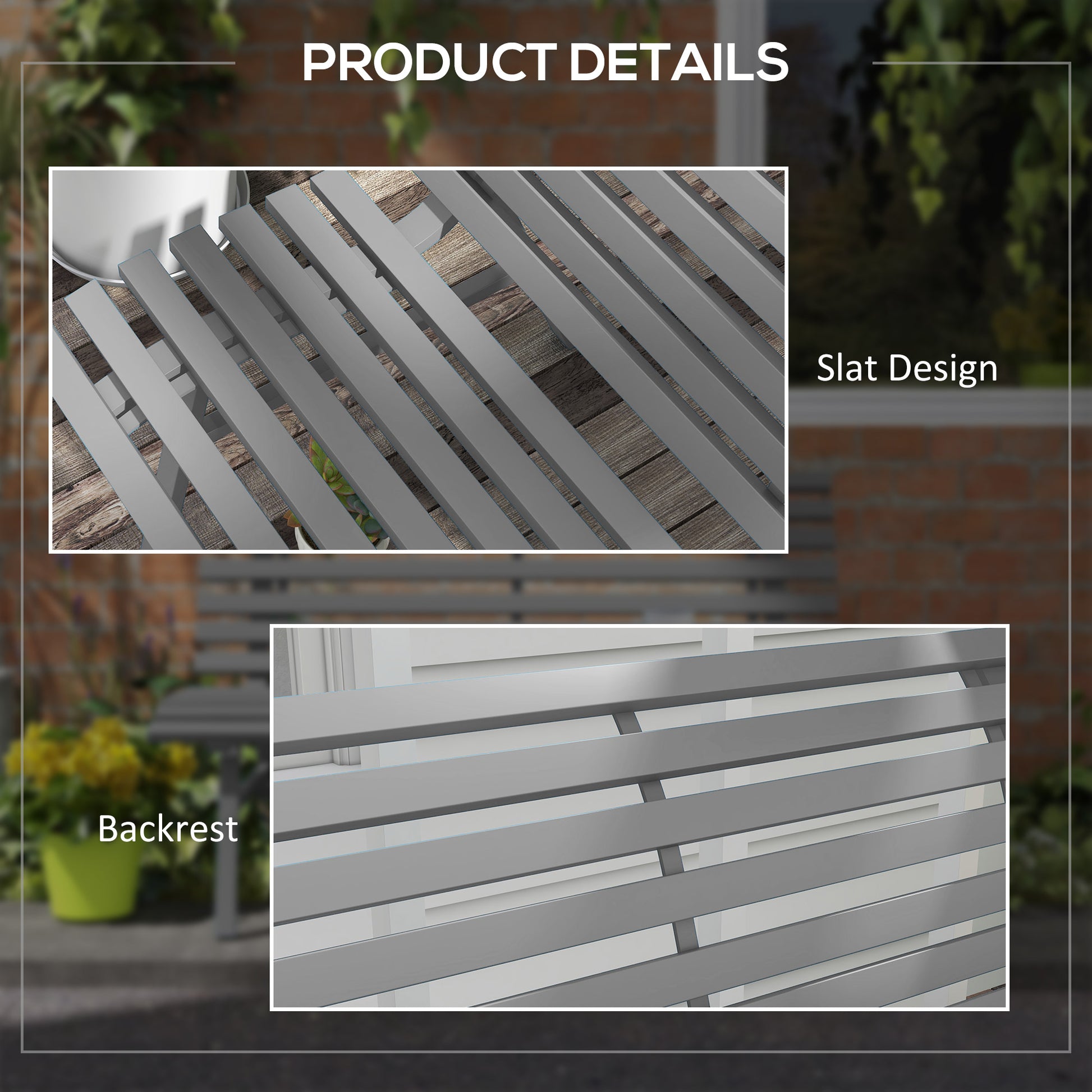 Outdoor Grey Aluminum Patio Bench, Lightweight Slatted Seat, 48.5" x 26.5" x 31"-DECOROLALA