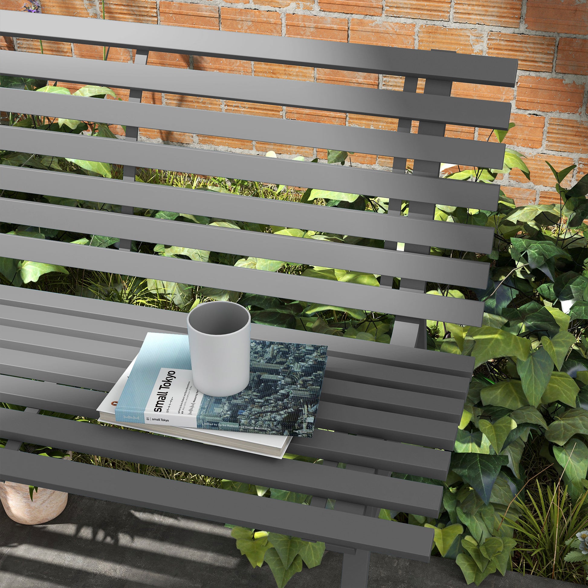 Outdoor Grey Aluminum Patio Bench, Lightweight Slatted Seat, 48.5" x 26.5" x 31"-DECOROLALA