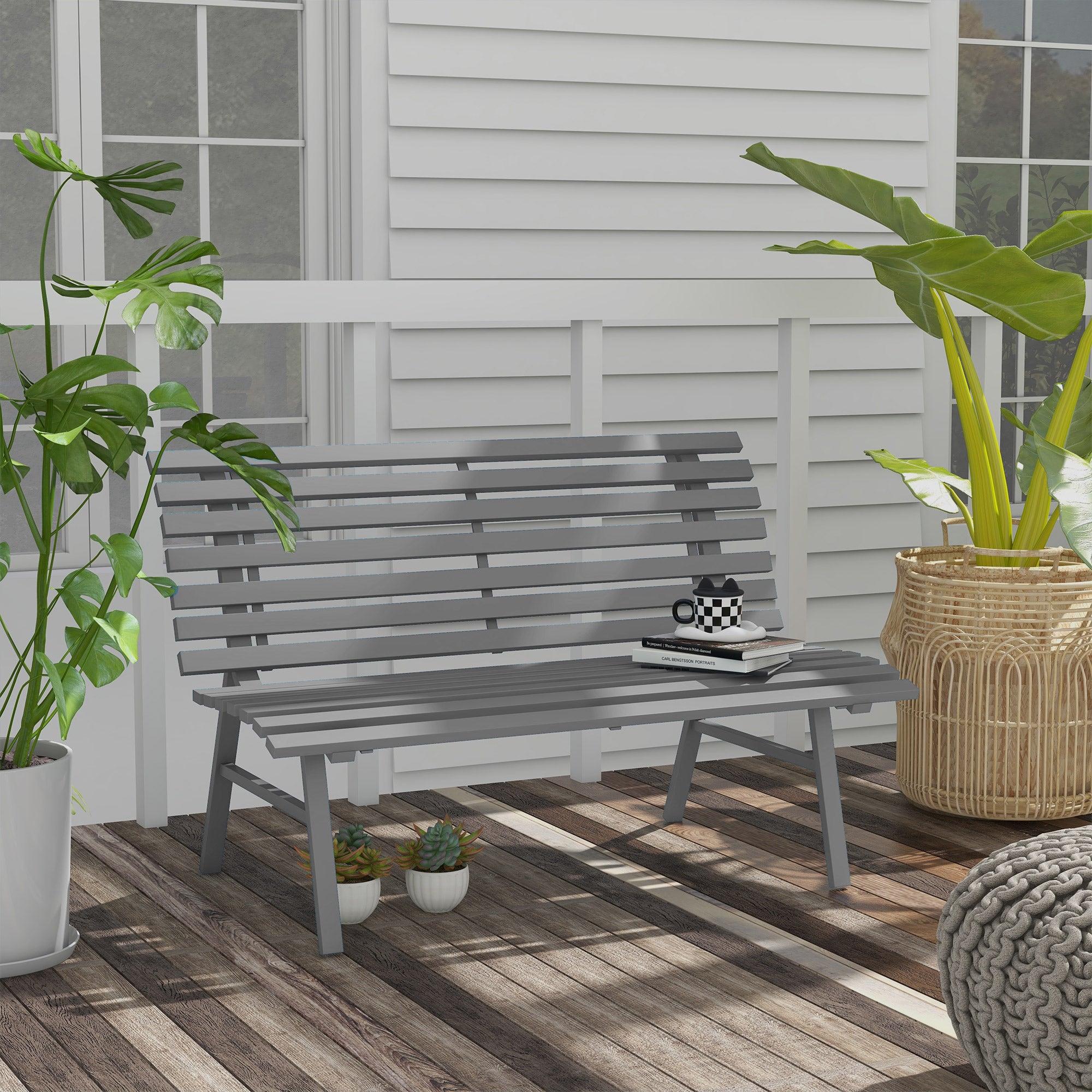 Outdoor Grey Aluminum Patio Bench, Lightweight Slatted Seat, 48.5" x 26.5" x 31"-DECOROLALA