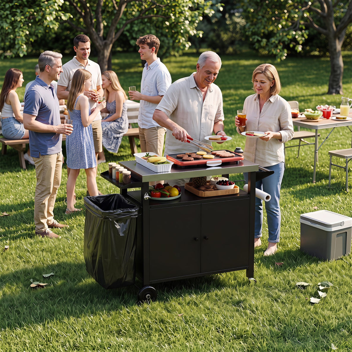 Outdoor Grill Cart with Stainless Steel Top & 2-Door Cabinet for BBQ Camping-Black-Outdoor Grills-DECOROLALA
