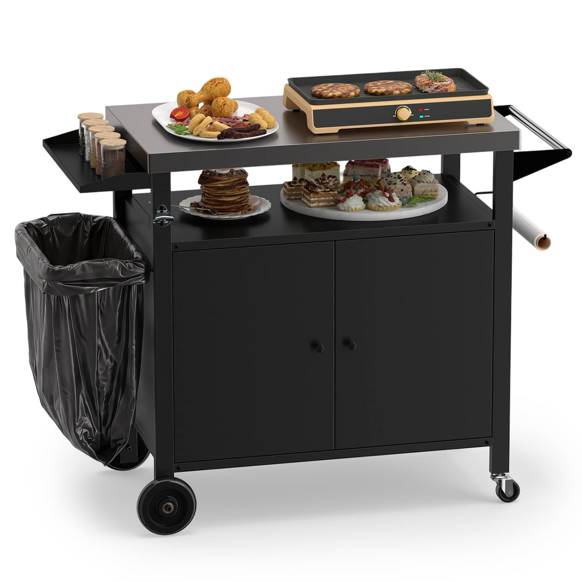 Outdoor Grill Cart with Stainless Steel Top & 2-Door Cabinet for BBQ Camping-Black-Outdoor Grills-DECOROLALA