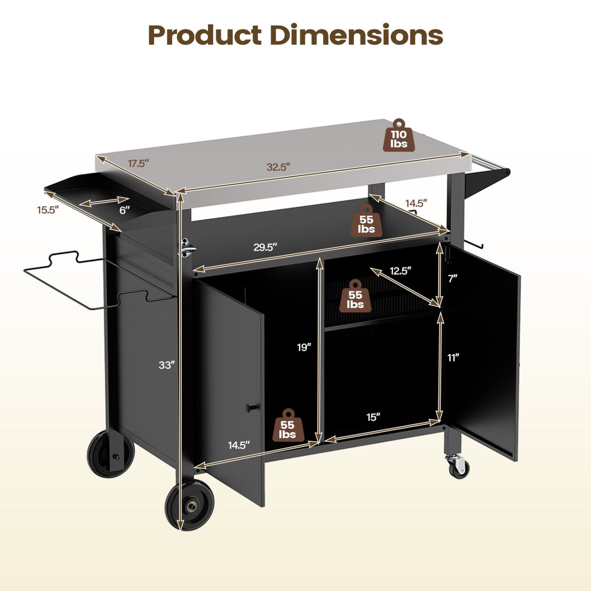 Outdoor Grill Cart with Stainless Steel Top & 2-Door Cabinet for BBQ Camping-Black-Outdoor Grills-DECOROLALA