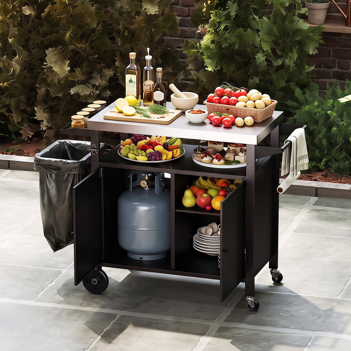 Outdoor Grill Cart with Stainless Steel Top & 2-Door Cabinet for BBQ Camping-Black-Outdoor Grills-DECOROLALA