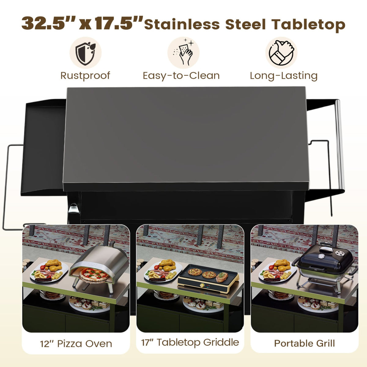 Outdoor Grill Cart with Stainless Steel Top & 2-Door Cabinet for BBQ Camping-Black-Outdoor Grills-DECOROLALA