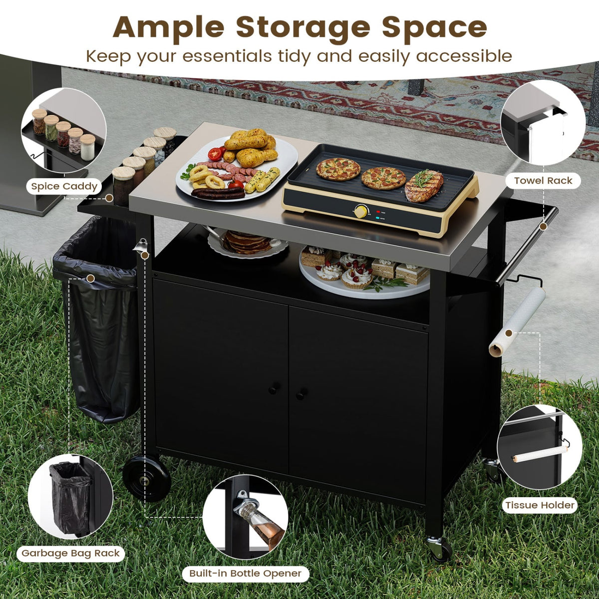Outdoor Grill Cart with Stainless Steel Top & 2-Door Cabinet for BBQ Camping-Black-Outdoor Grills-DECOROLALA