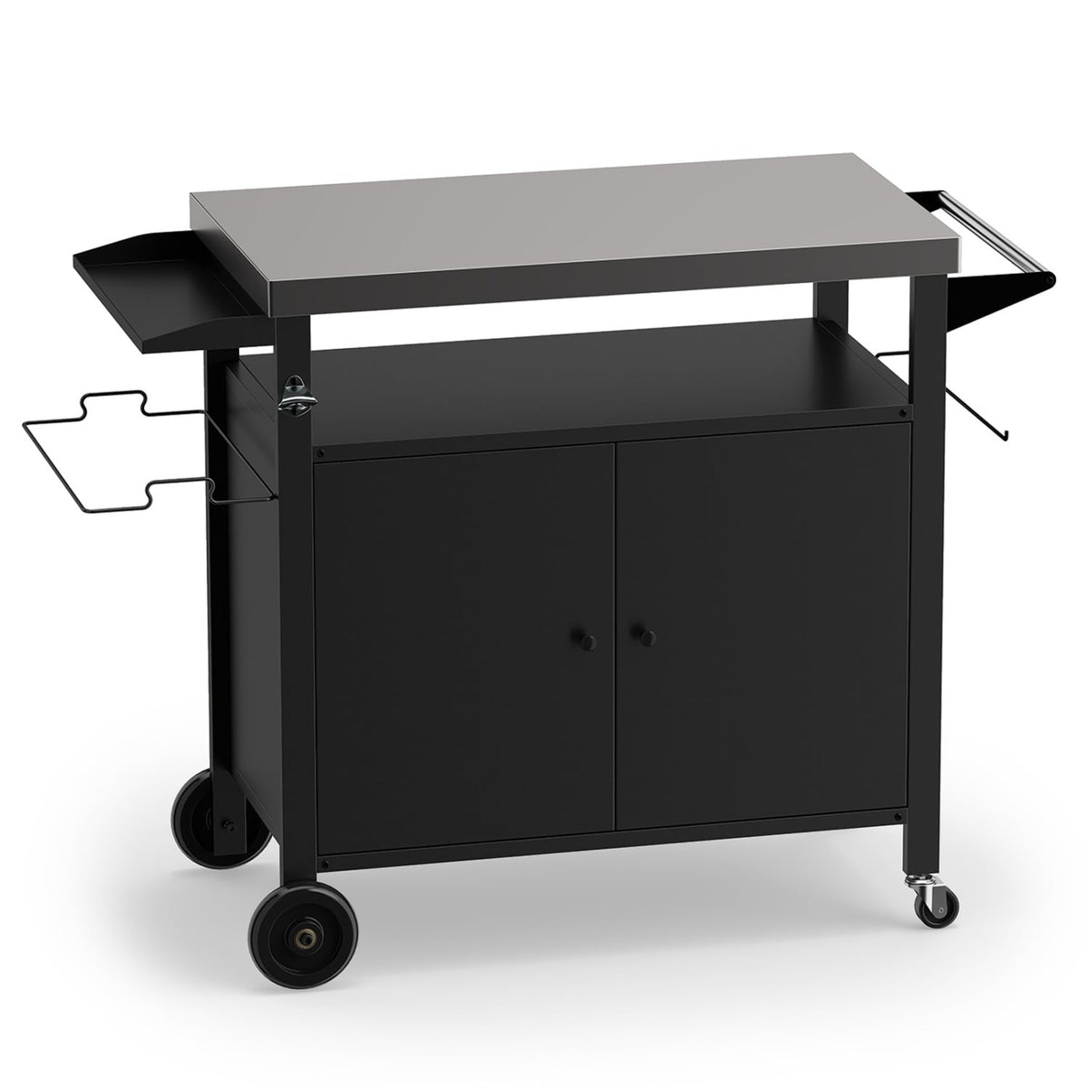 Outdoor Grill Cart with Stainless Steel Top & 2-Door Cabinet for BBQ Camping-Black-Outdoor Grills-DECOROLALA