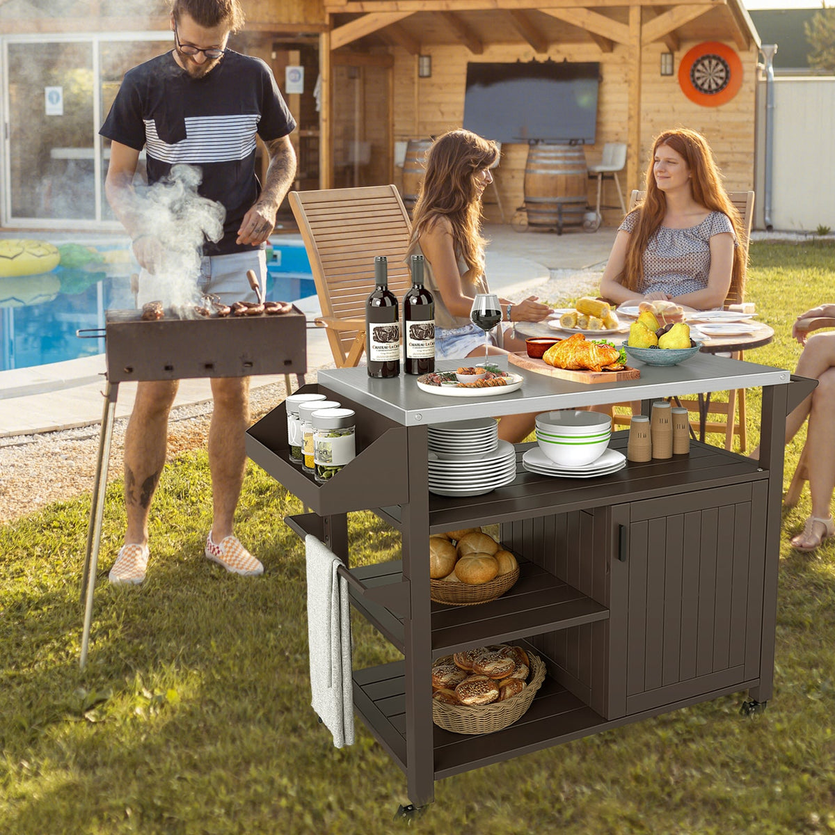 Outdoor Grill Cart with Storage Cabinet Shelves and Stainless Steel Top-Brown-Outdoor Grills-DECOROLALA