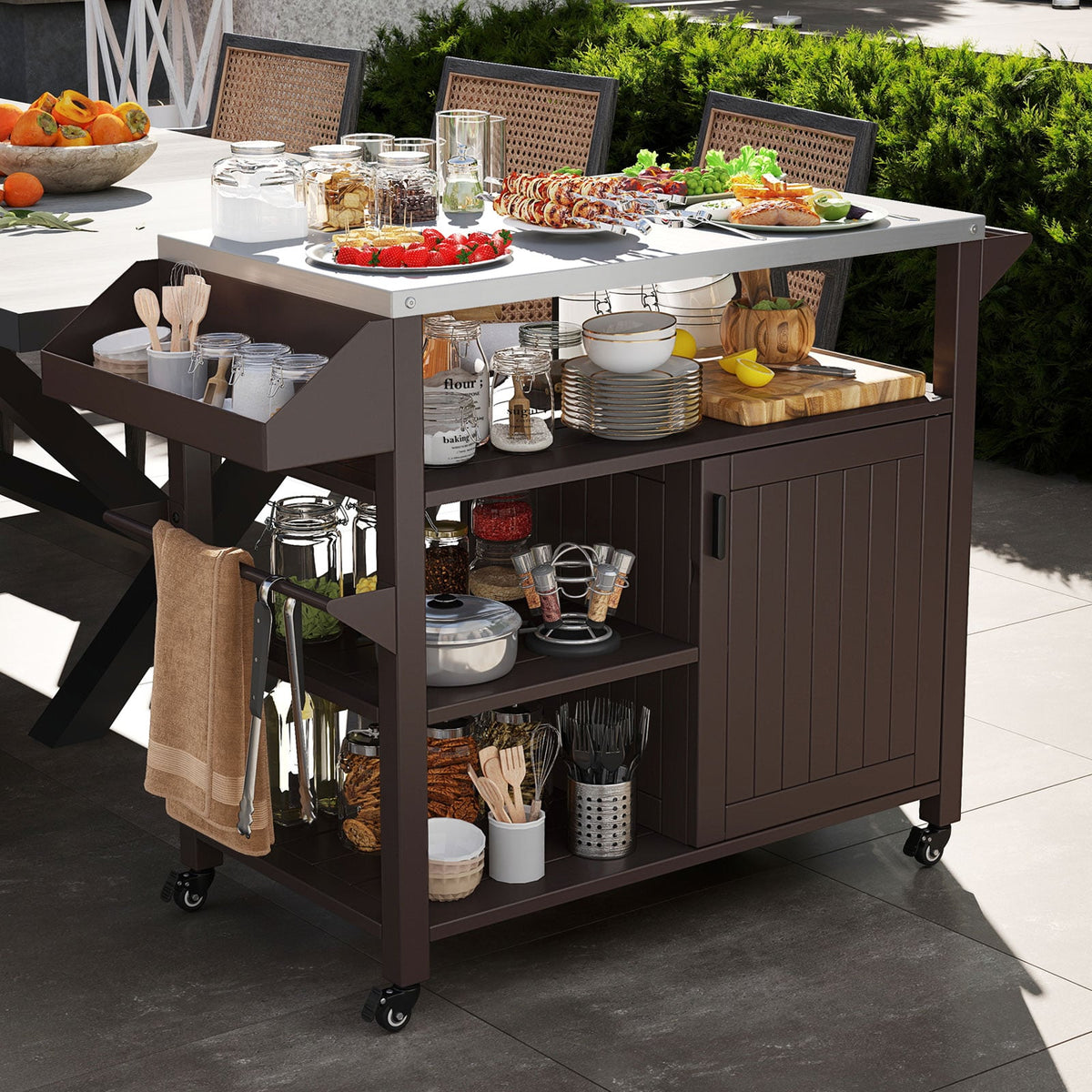 Outdoor Grill Cart with Storage Cabinet Shelves and Stainless Steel Top-Brown-Outdoor Grills-DECOROLALA