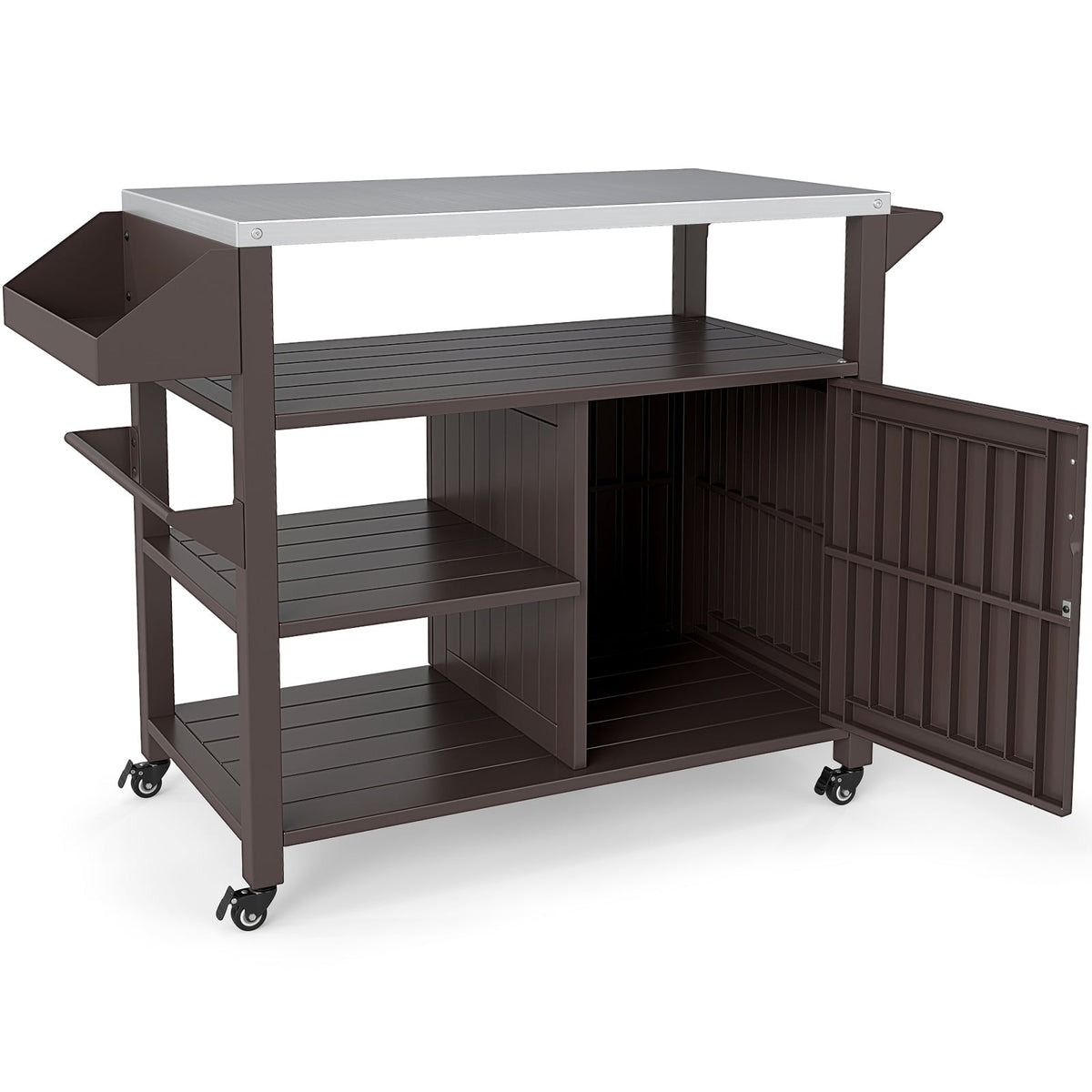 Outdoor Grill Cart with Storage Cabinet Shelves and Stainless Steel Top-Brown-Outdoor Grills-DECOROLALA