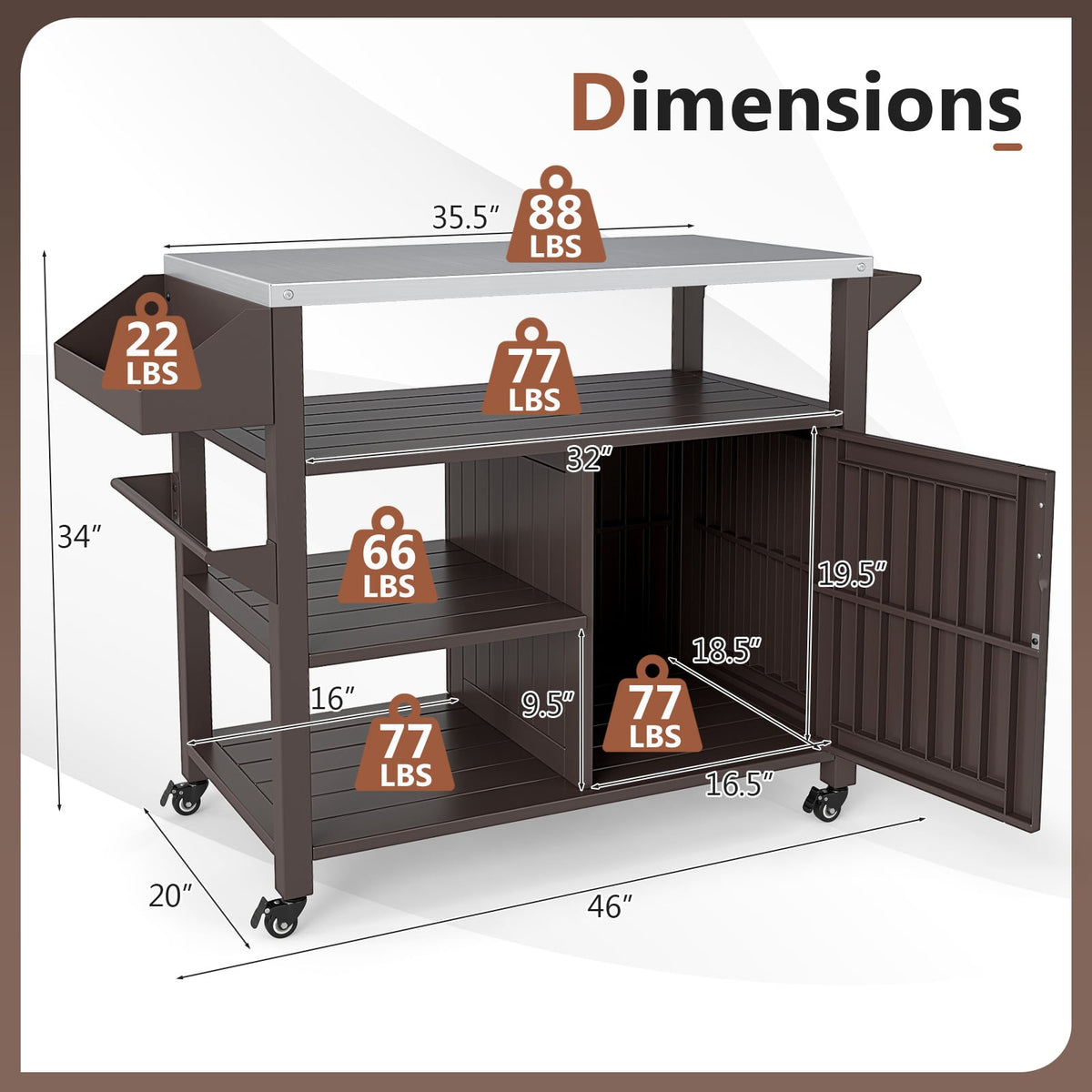 Outdoor Grill Cart with Storage Cabinet Shelves and Stainless Steel Top-Brown-Outdoor Grills-DECOROLALA