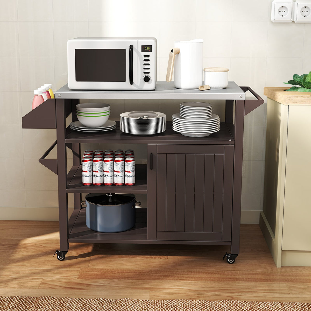 Outdoor Grill Cart with Storage Cabinet Shelves and Stainless Steel Top-Brown-Outdoor Grills-DECOROLALA