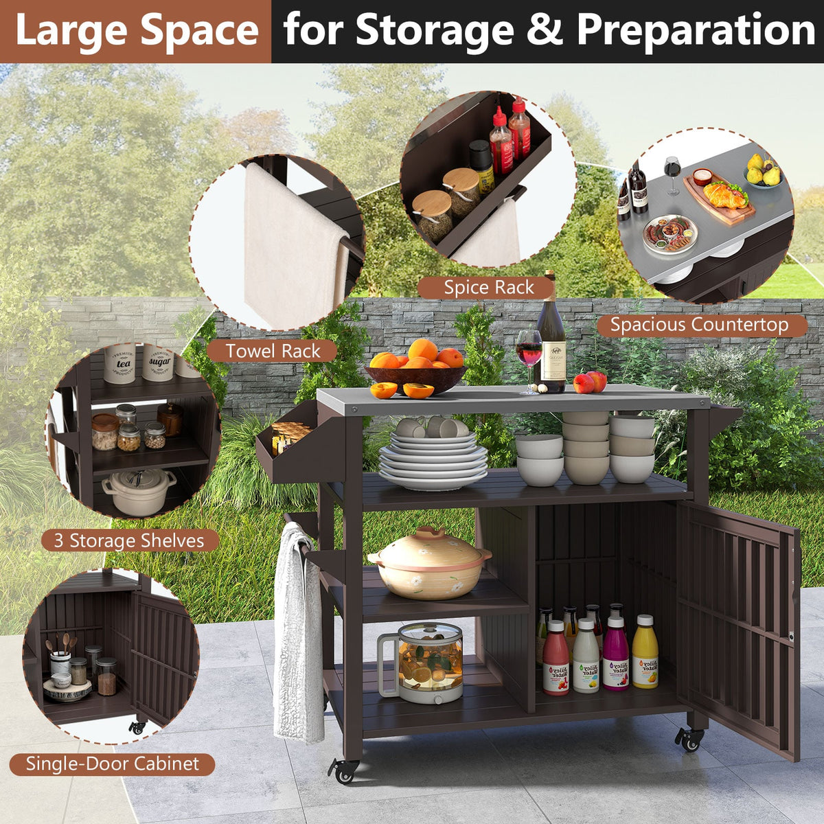 Outdoor Grill Cart with Storage Cabinet Shelves and Stainless Steel Top-Brown-Outdoor Grills-DECOROLALA