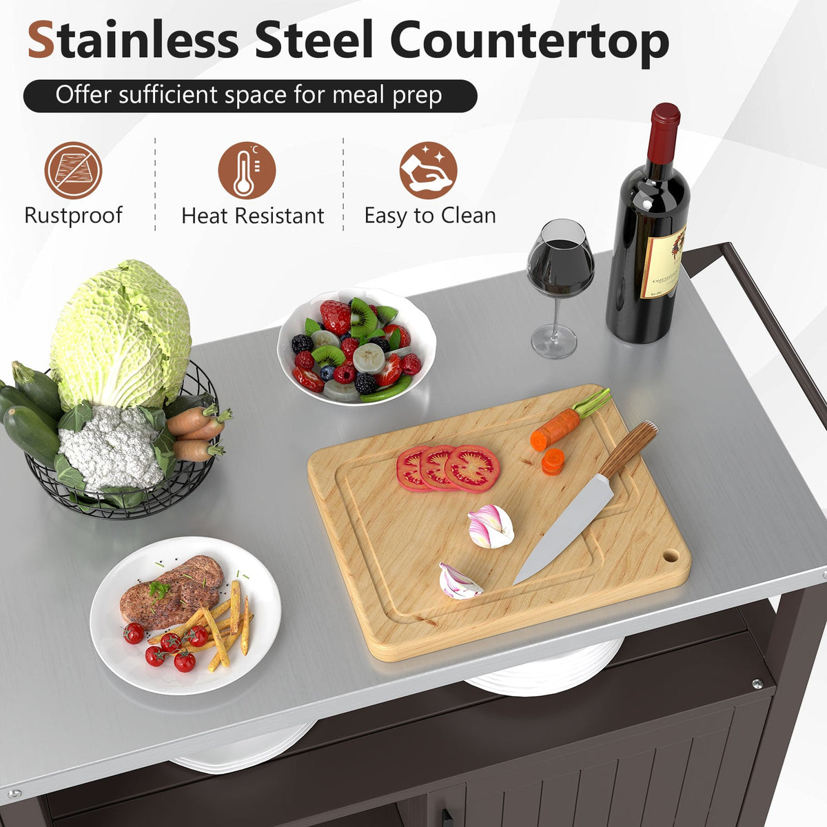 Outdoor Grill Cart with Storage Cabinet Shelves and Stainless Steel Top-Brown-Outdoor Grills-DECOROLALA