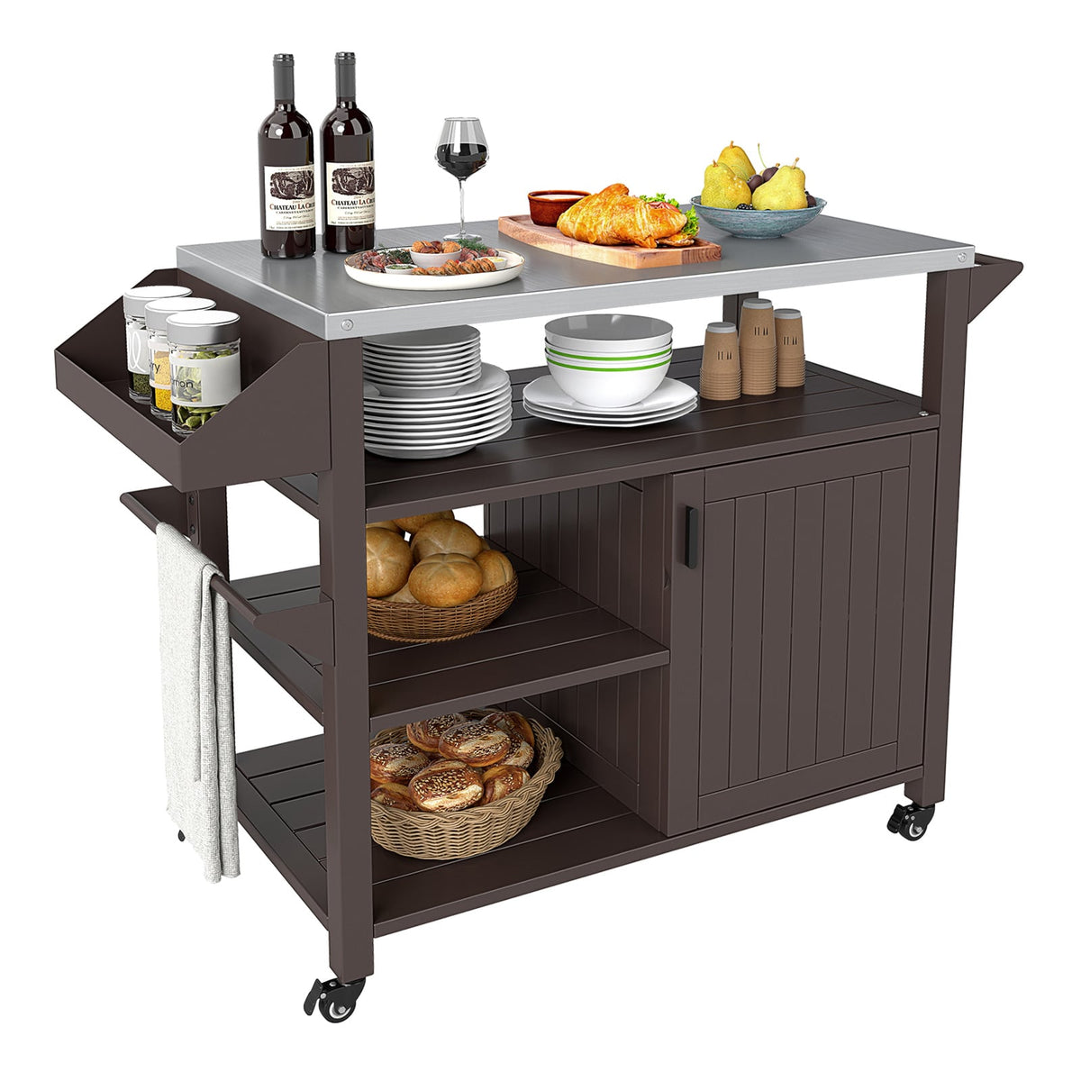 Outdoor Grill Cart with Storage Cabinet Shelves and Stainless Steel Top-Brown-Outdoor Grills-DECOROLALA