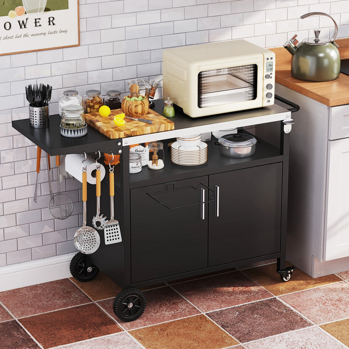Outdoor Grill Cart with Storage and Folding Stainless Steel Top-Black-Outdoor Grills-DECOROLALA