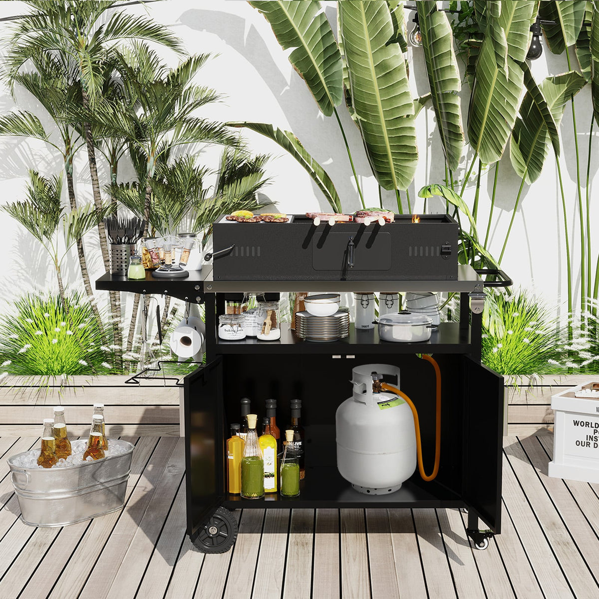 Outdoor Grill Cart with Storage and Folding Stainless Steel Top-Black-Outdoor Grills-DECOROLALA