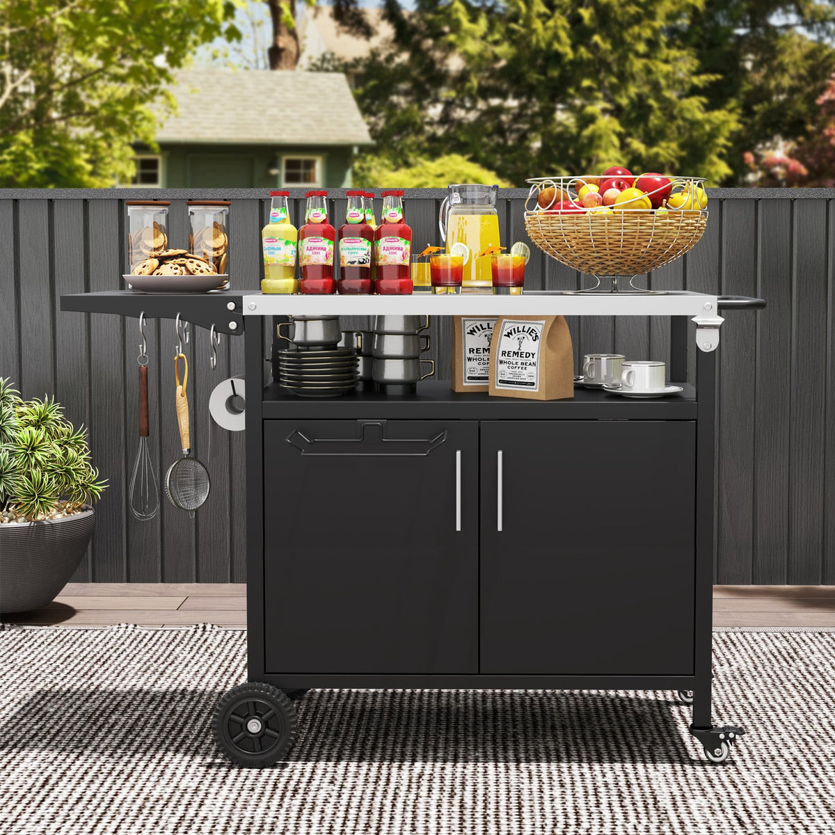 Outdoor Grill Cart with Storage and Folding Stainless Steel Top-Black-Outdoor Grills-DECOROLALA