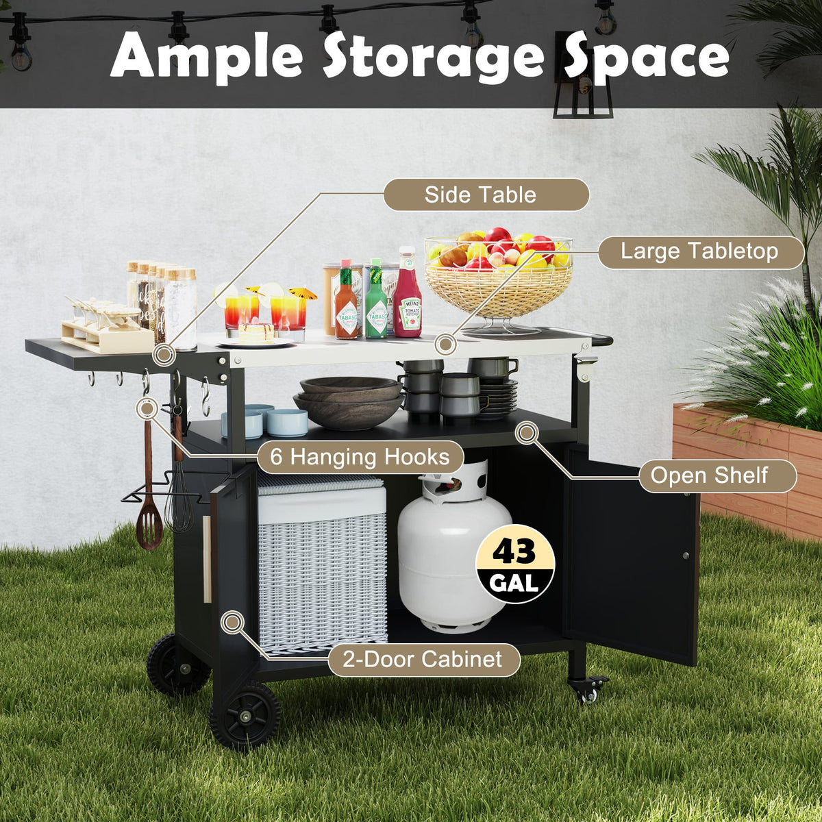 Outdoor Grill Cart with Storage and Folding Stainless Steel Top-Black-Outdoor Grills-DECOROLALA