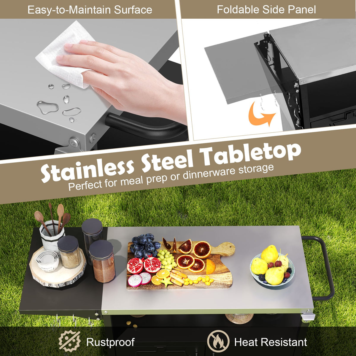 Outdoor Grill Cart with Storage and Folding Stainless Steel Top-Black-Outdoor Grills-DECOROLALA
