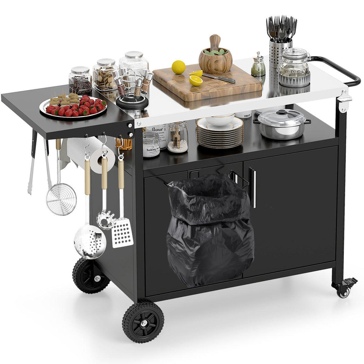 Outdoor Grill Cart with Storage and Folding Stainless Steel Top-Black-Outdoor Grills-DECOROLALA