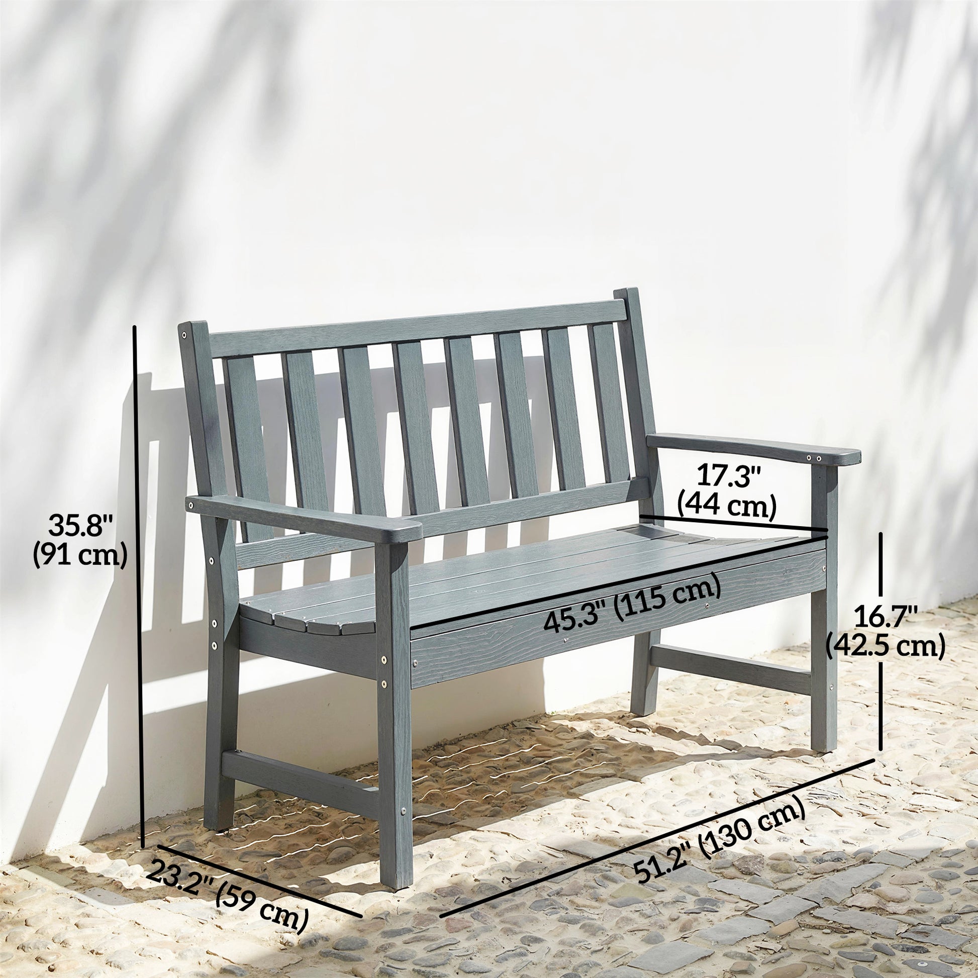 Outdoor HDPE Weatherproof Bench, 2-Person Garden Seating, Grey Rustic Design-DECOROLALA