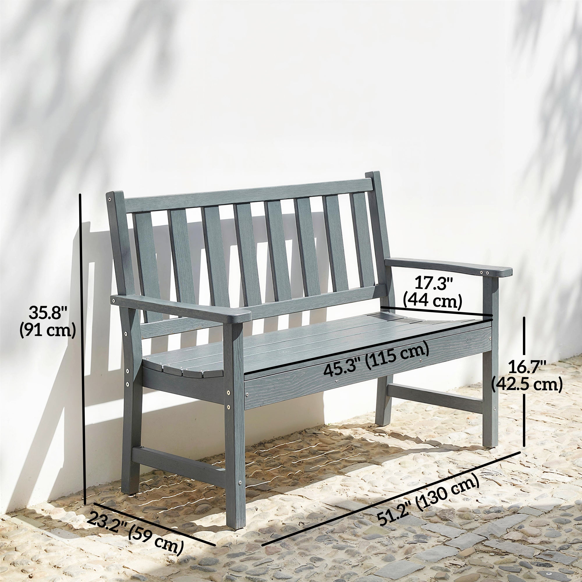 Outdoor HDPE Weatherproof Bench, 2-Person Garden Seating, Grey Rustic Design-DECOROLALA