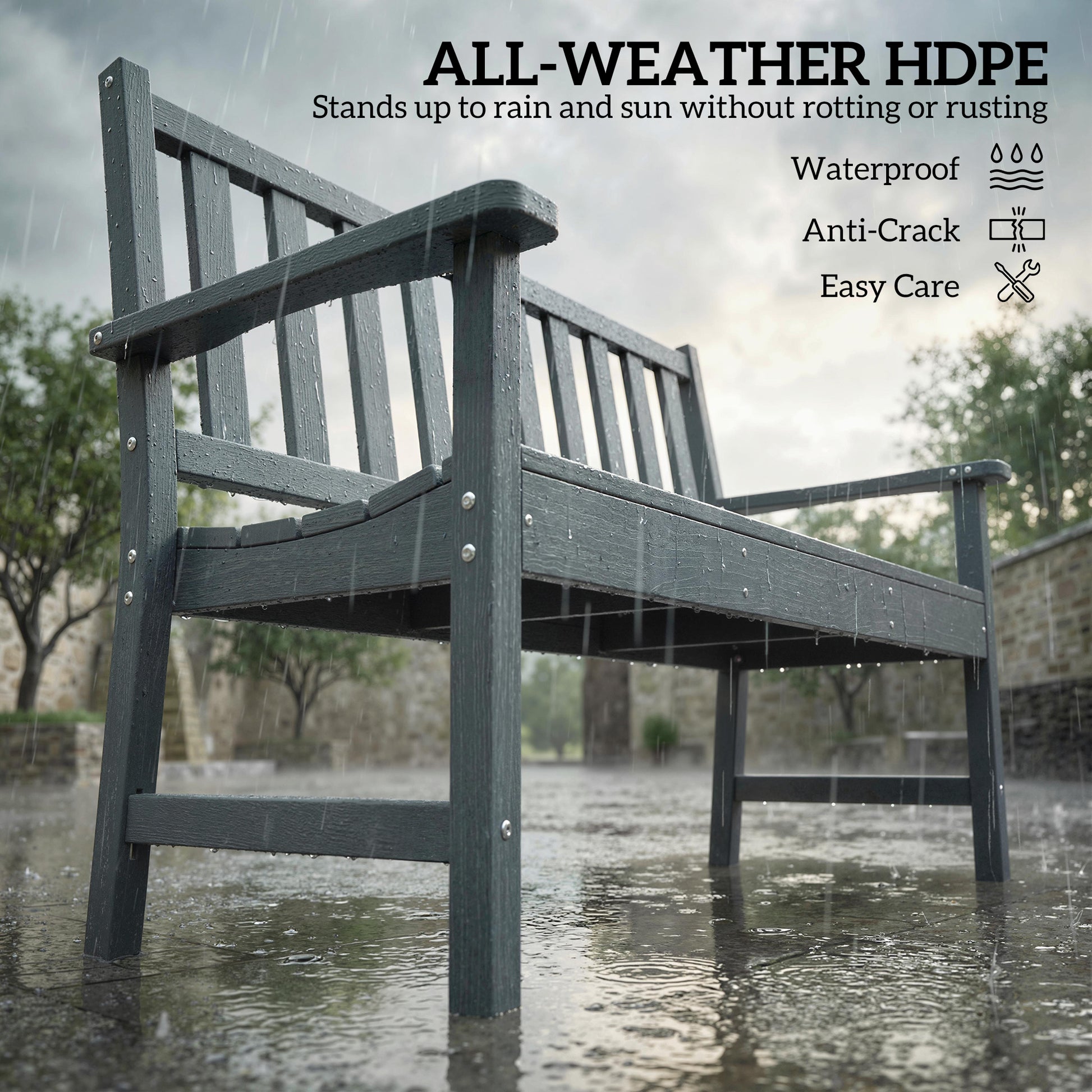 Outdoor HDPE Weatherproof Bench, 2-Person Garden Seating, Grey Rustic Design-DECOROLALA