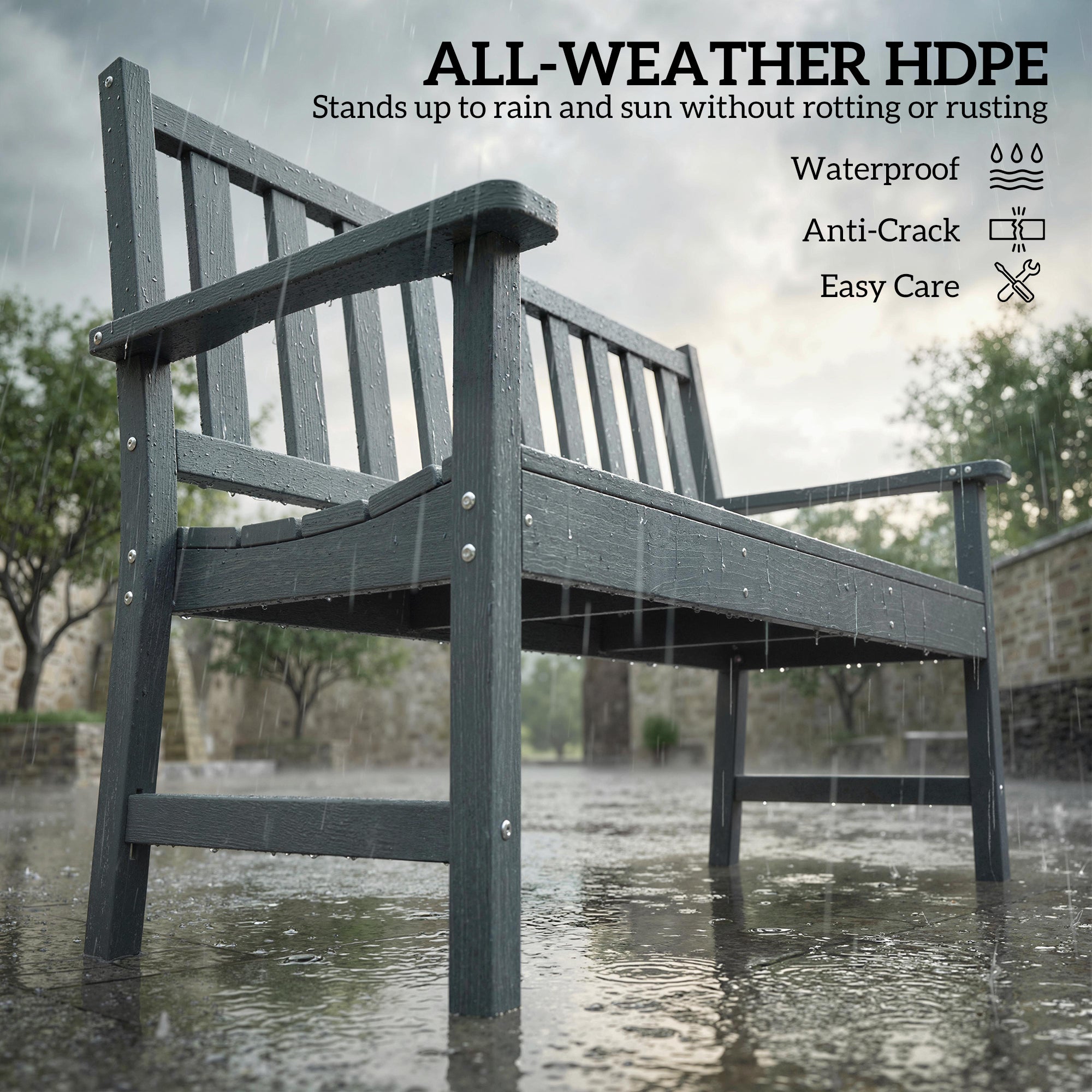 Outdoor HDPE Weatherproof Bench, 2-Person Garden Seating, Grey Rustic Design-DECOROLALA