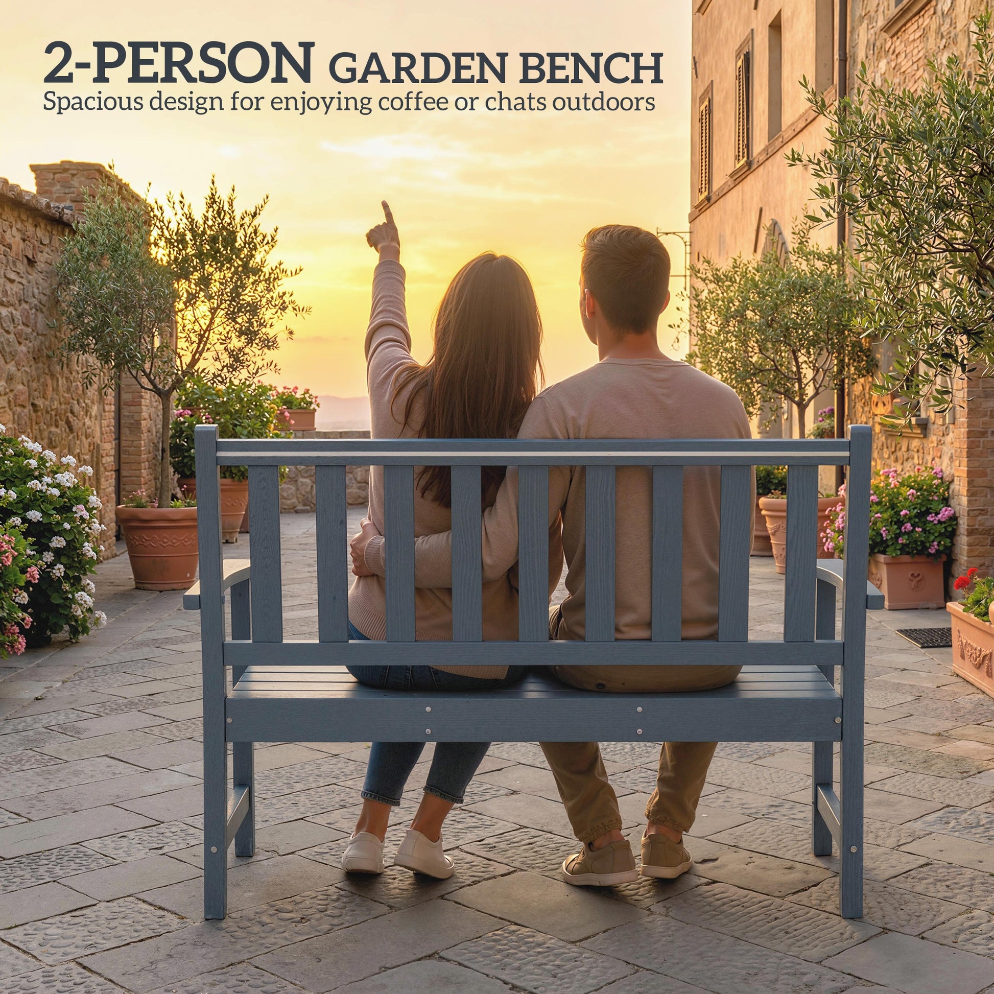 Outdoor HDPE Weatherproof Bench, 2-Person Garden Seating, Grey Rustic Design-DECOROLALA
