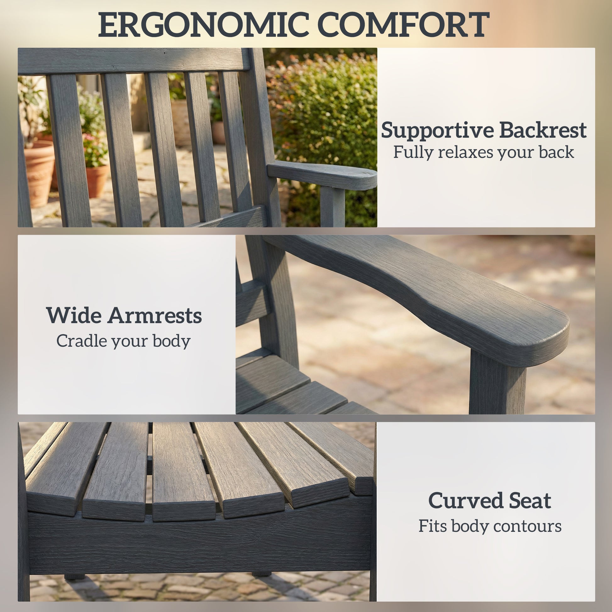 Outdoor HDPE Weatherproof Bench, 2-Person Garden Seating, Grey Rustic Design-DECOROLALA