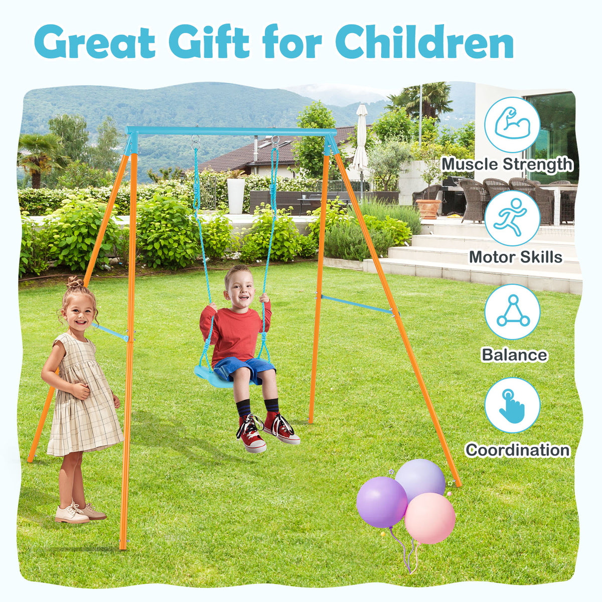Heavy Duty Metal Toddler Swing Set with Stand - Adjustable Height