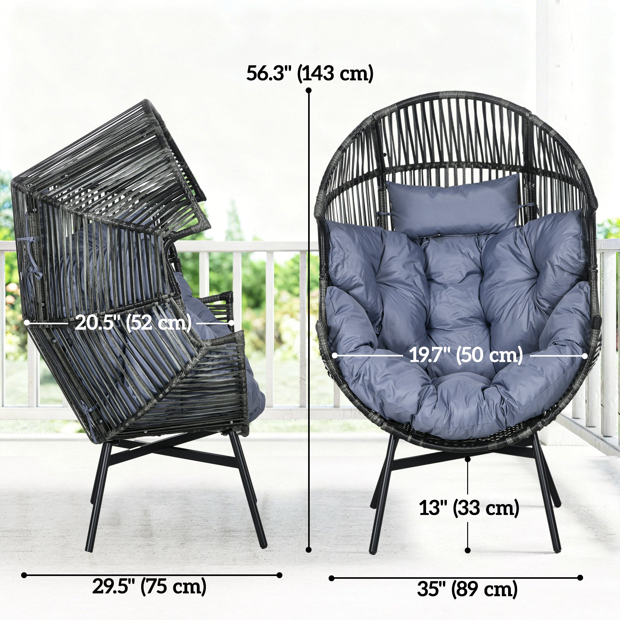 Outdoor Indoor Wicker Egg Chair, Grey, Oversized with 5.5" Cushions, Headrest-DECOROLALA