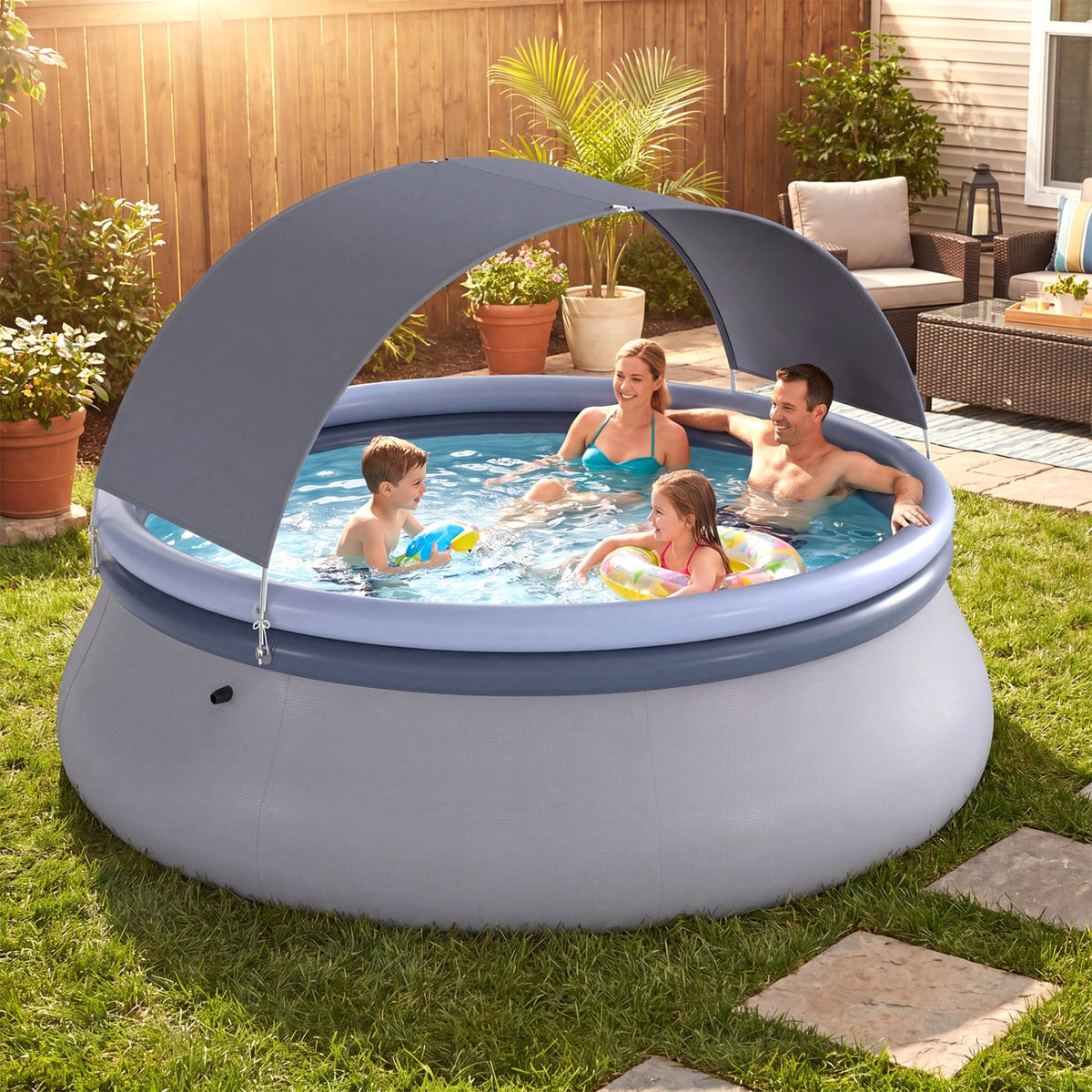 Outdoor Inflatable Pool with Sunshade Canopy-M-Swimming Pools-DECOROLALA