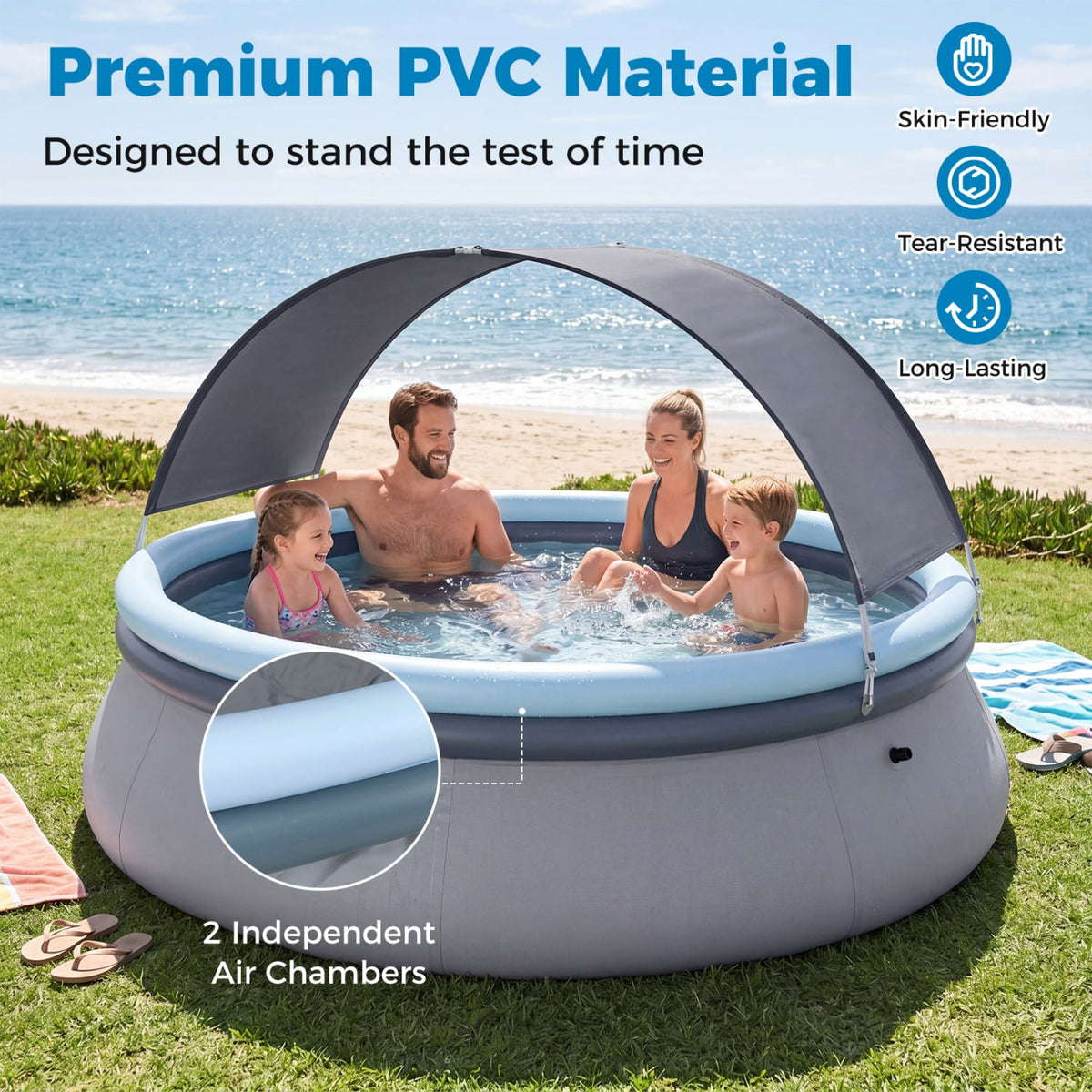 Outdoor Inflatable Pool with Sunshade Canopy-M-Swimming Pools-DECOROLALA