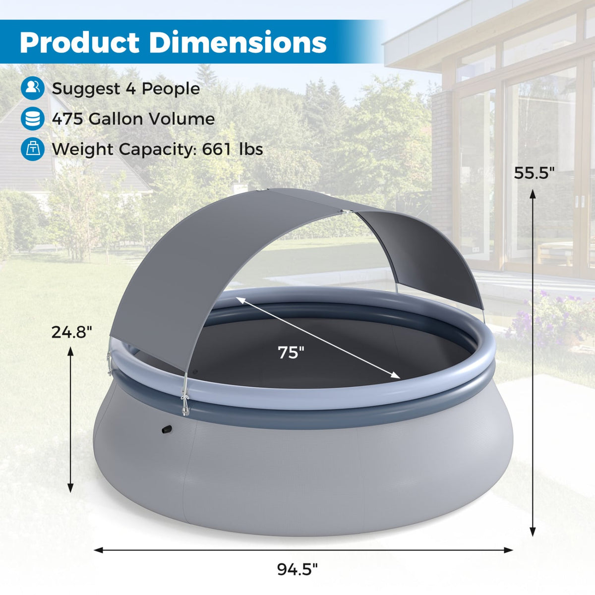 Outdoor Inflatable Pool with Sunshade Canopy-S-Swimming Pools-DECOROLALA