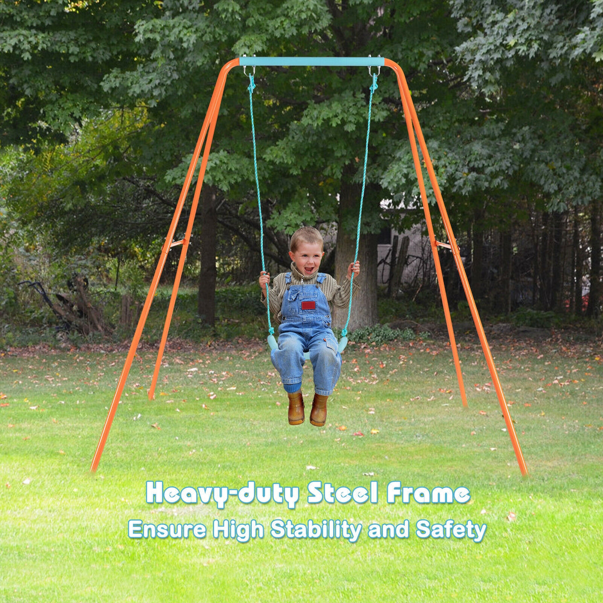 Outdoor Kids Swing Set with Heavy-Duty Metal A-Frame and Ground Stakes