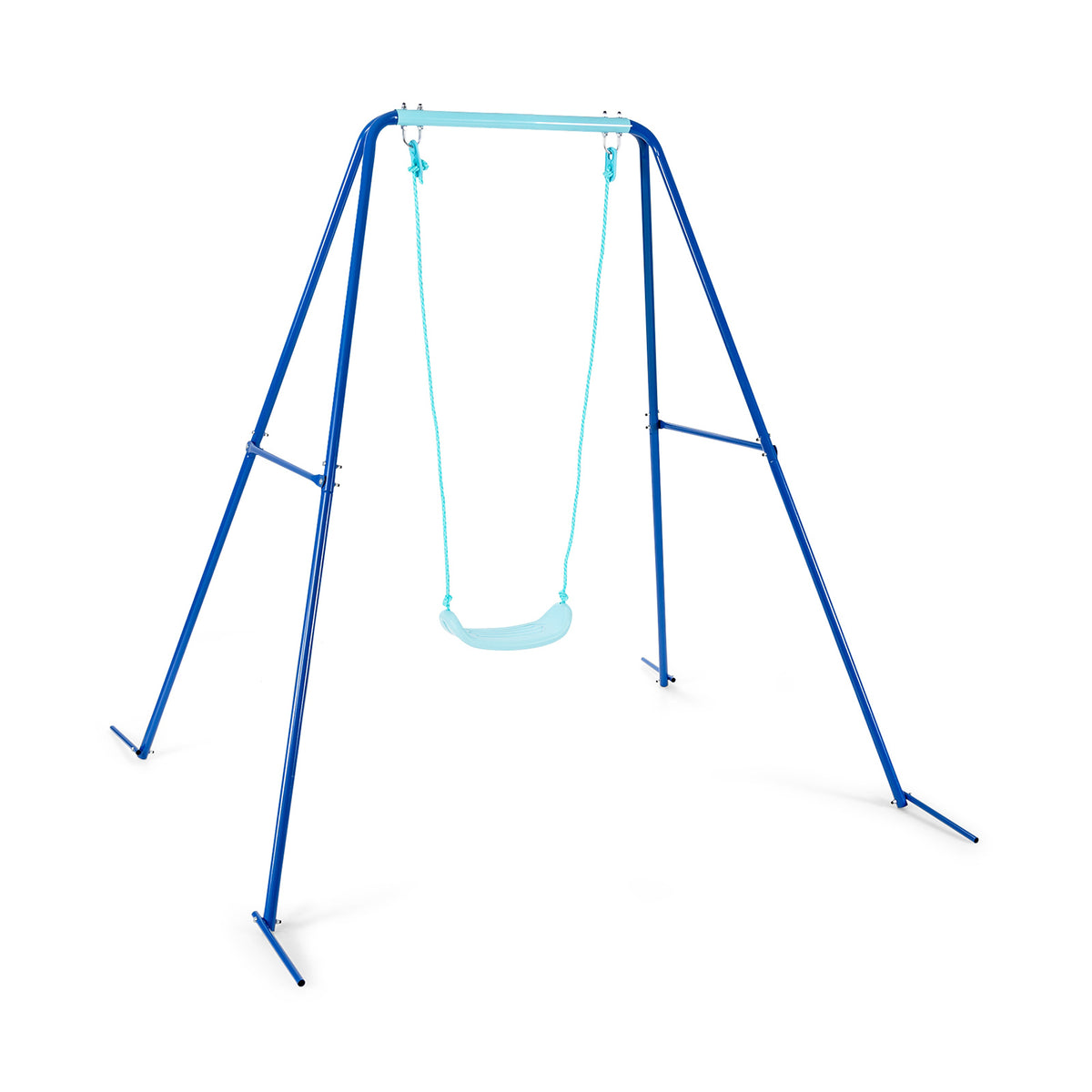 Balançoire extérieure pour enfants avec structure métallique robuste en forme de A et piquets d'ancrage