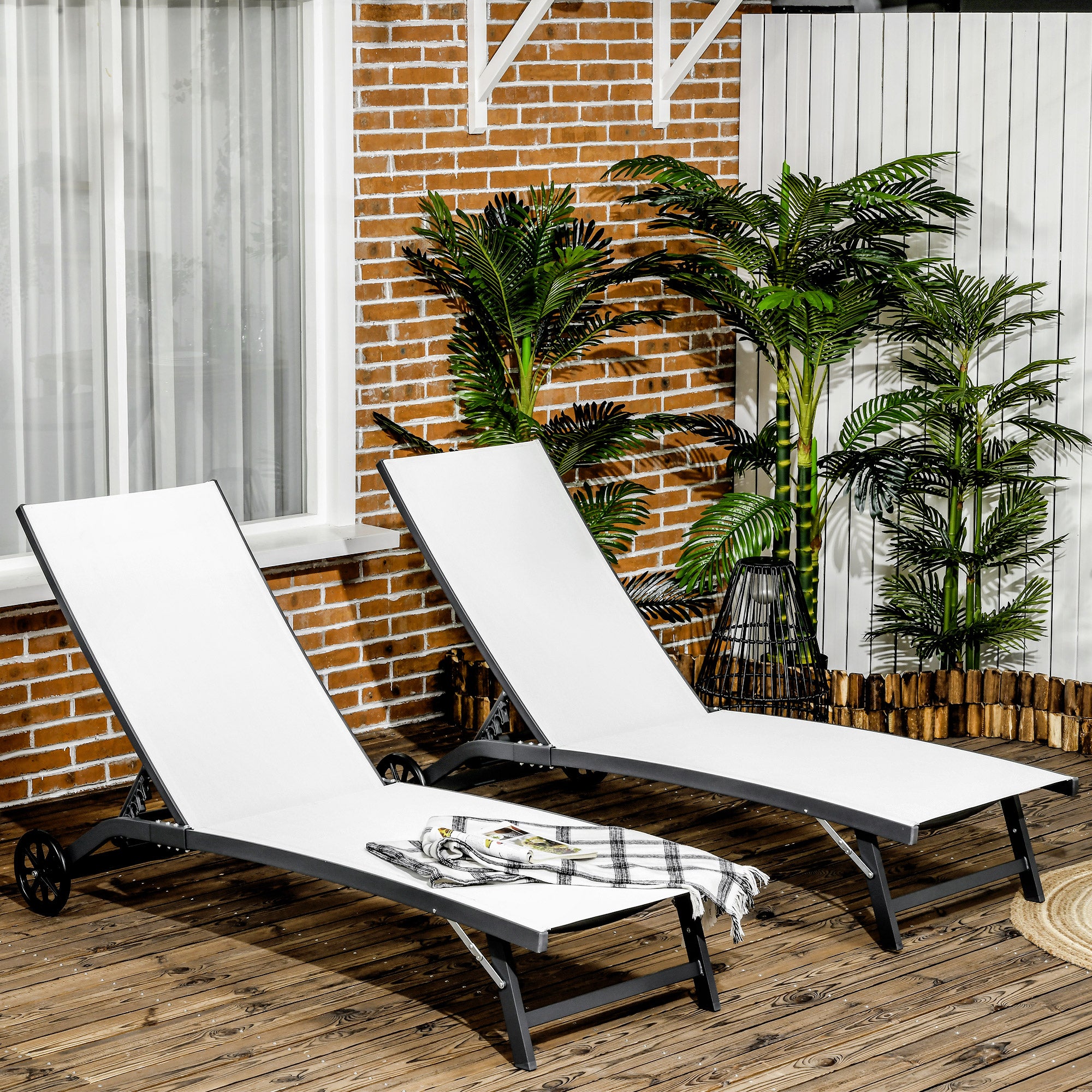 Outdoor Lounge Chair Set, 2-Piece, Breathable Mesh, Cream White, Patio, Backyard, Poolside-DECOROLALA