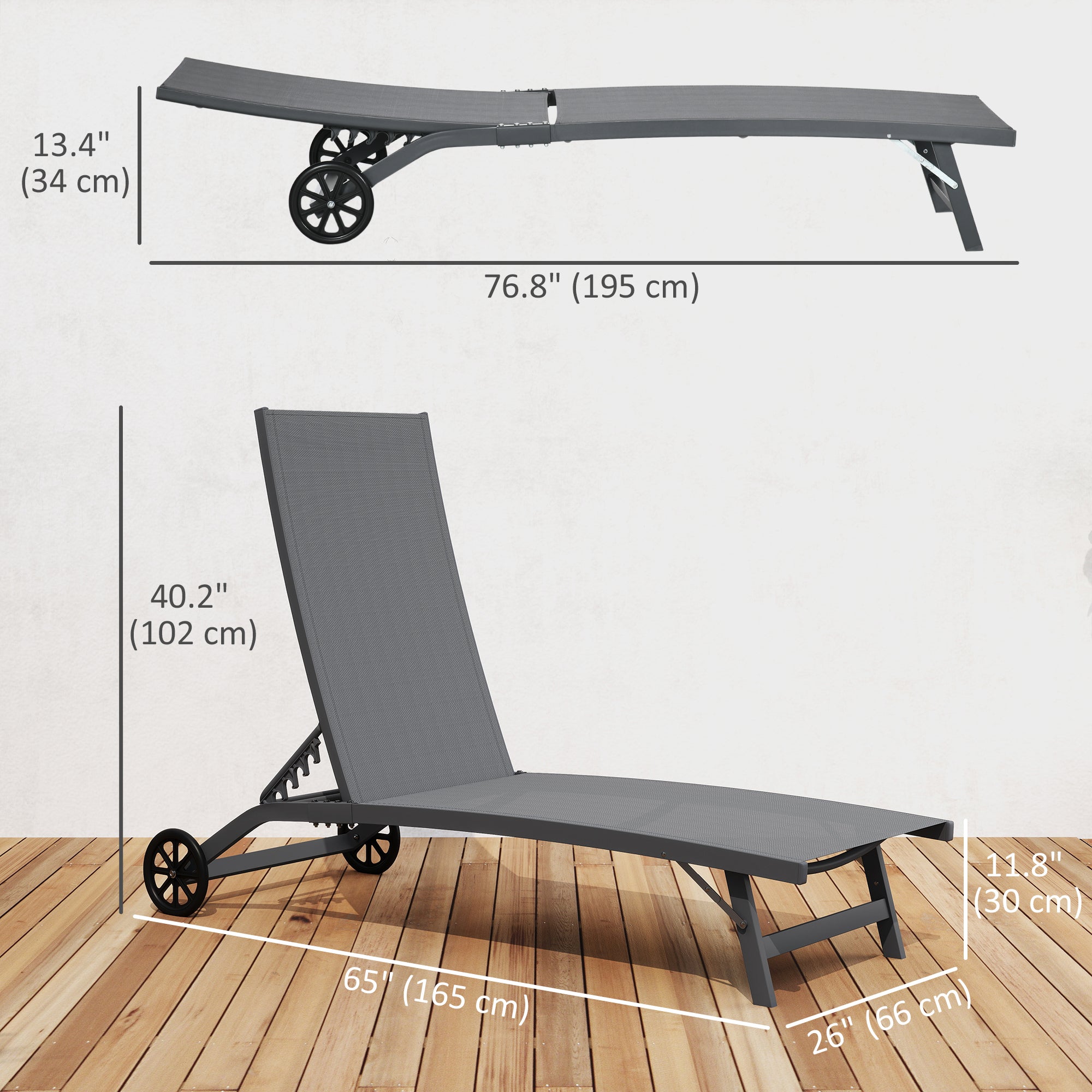 Outdoor Lounge Chair Set, 2-Piece, Breathable Mesh, Dark Grey, Recline, Wheels-DECOROLALA