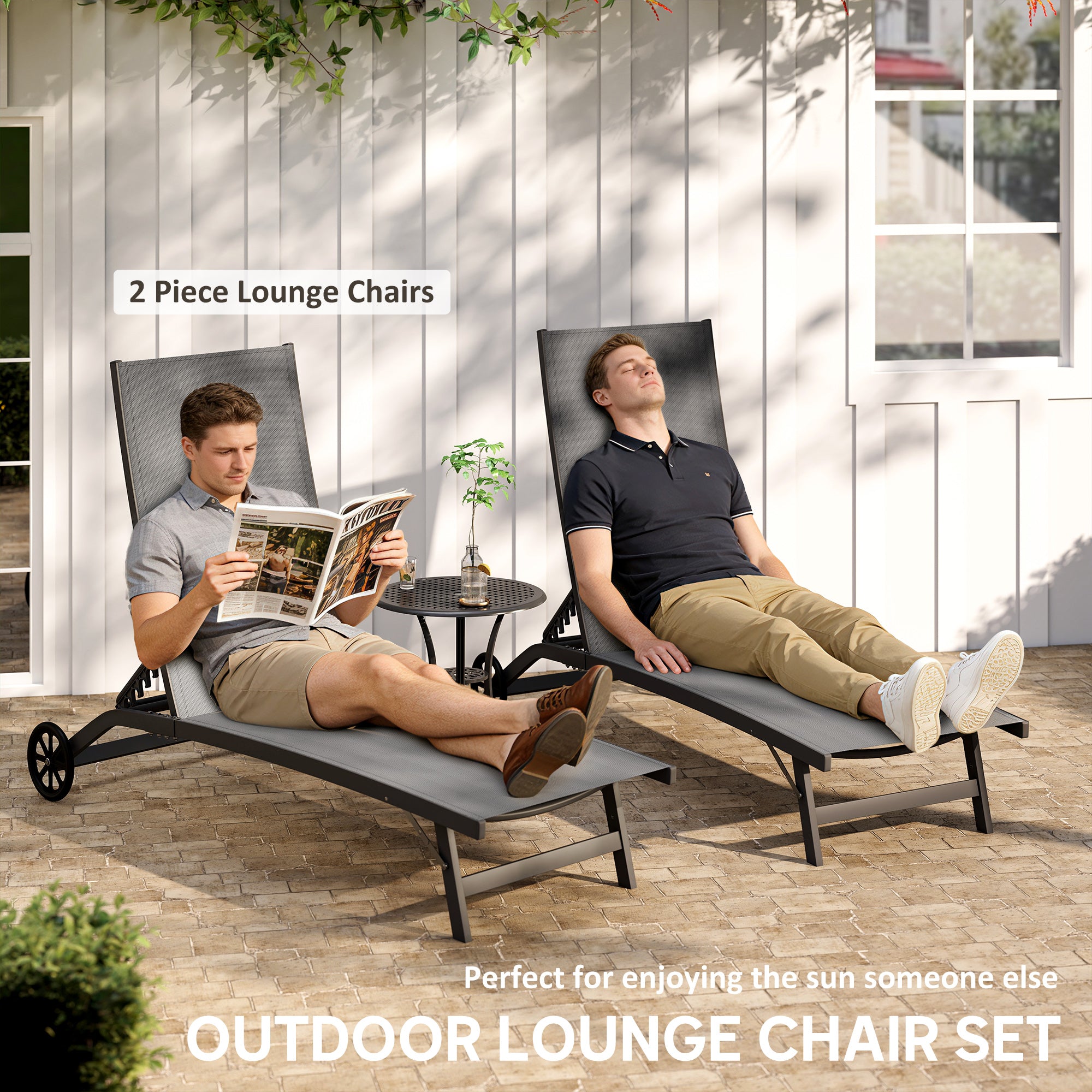 Outdoor Lounge Chair Set, 2-Piece, Breathable Mesh, Dark Grey, Recline, Wheels-DECOROLALA