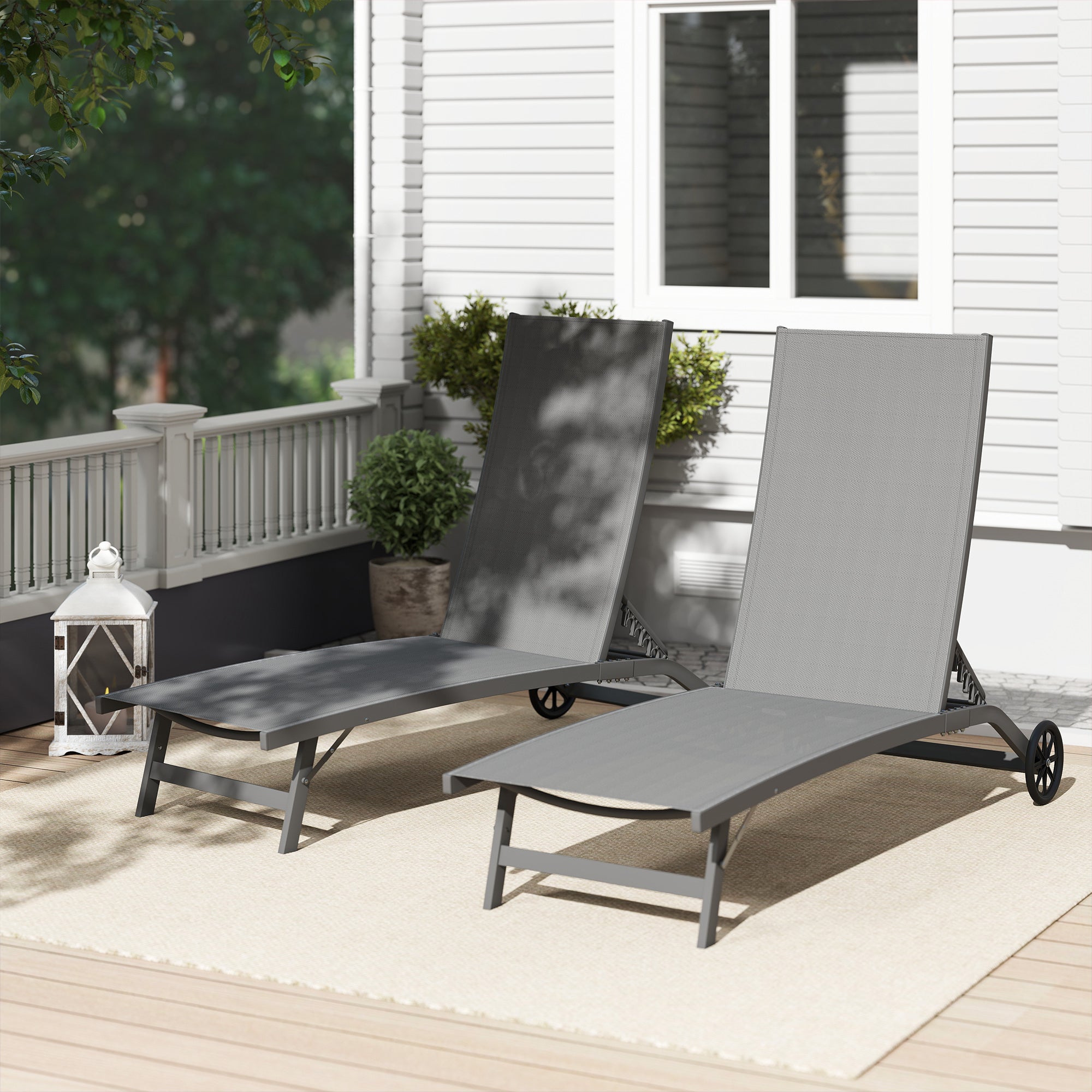 Outdoor Lounge Chair Set, 2-Piece, Breathable Mesh, Dark Grey, Recline, Wheels-DECOROLALA