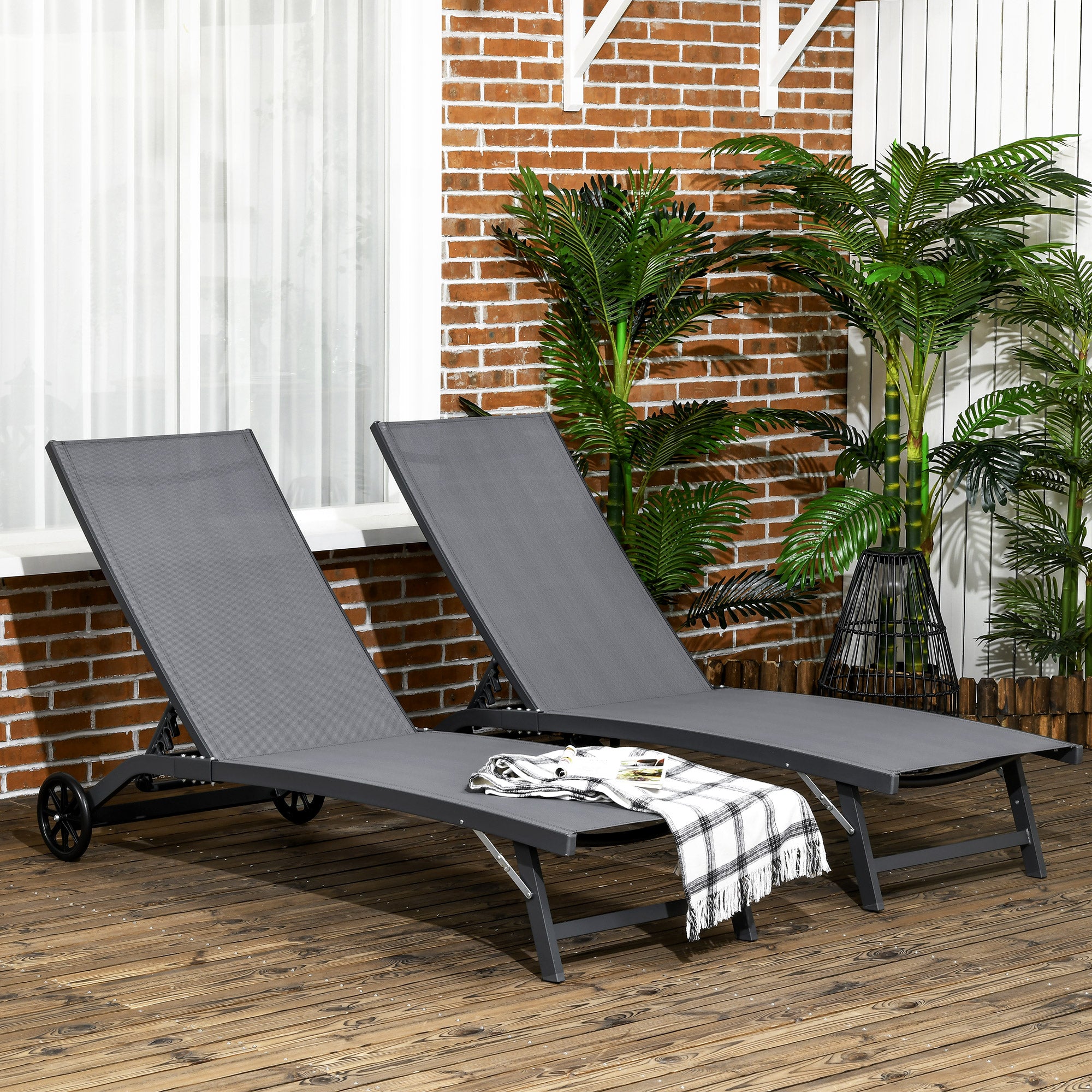 Outdoor Lounge Chair Set, 2-Piece, Breathable Mesh, Dark Grey, Recline, Wheels-DECOROLALA